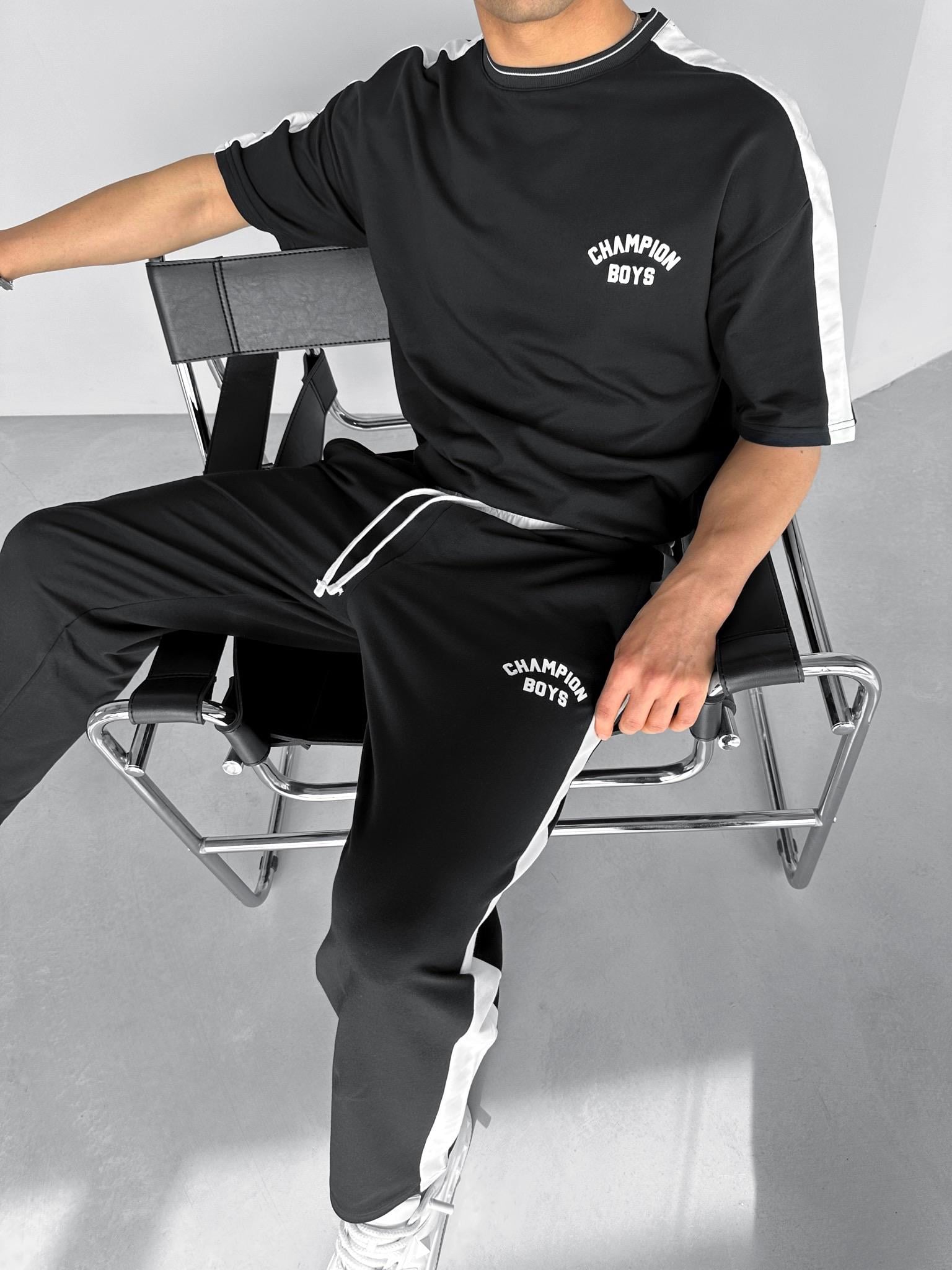 Baggy Fit 'Champion Boys' Baskılı Çizgili Eşofman Siyah