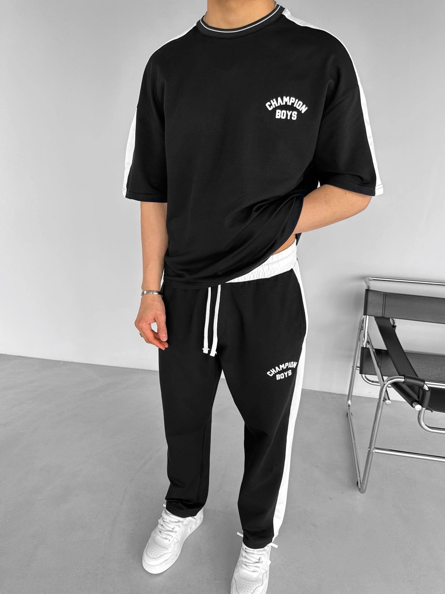 Baggy Fit 'Champion Boys' Baskılı Çizgili Eşofman Siyah