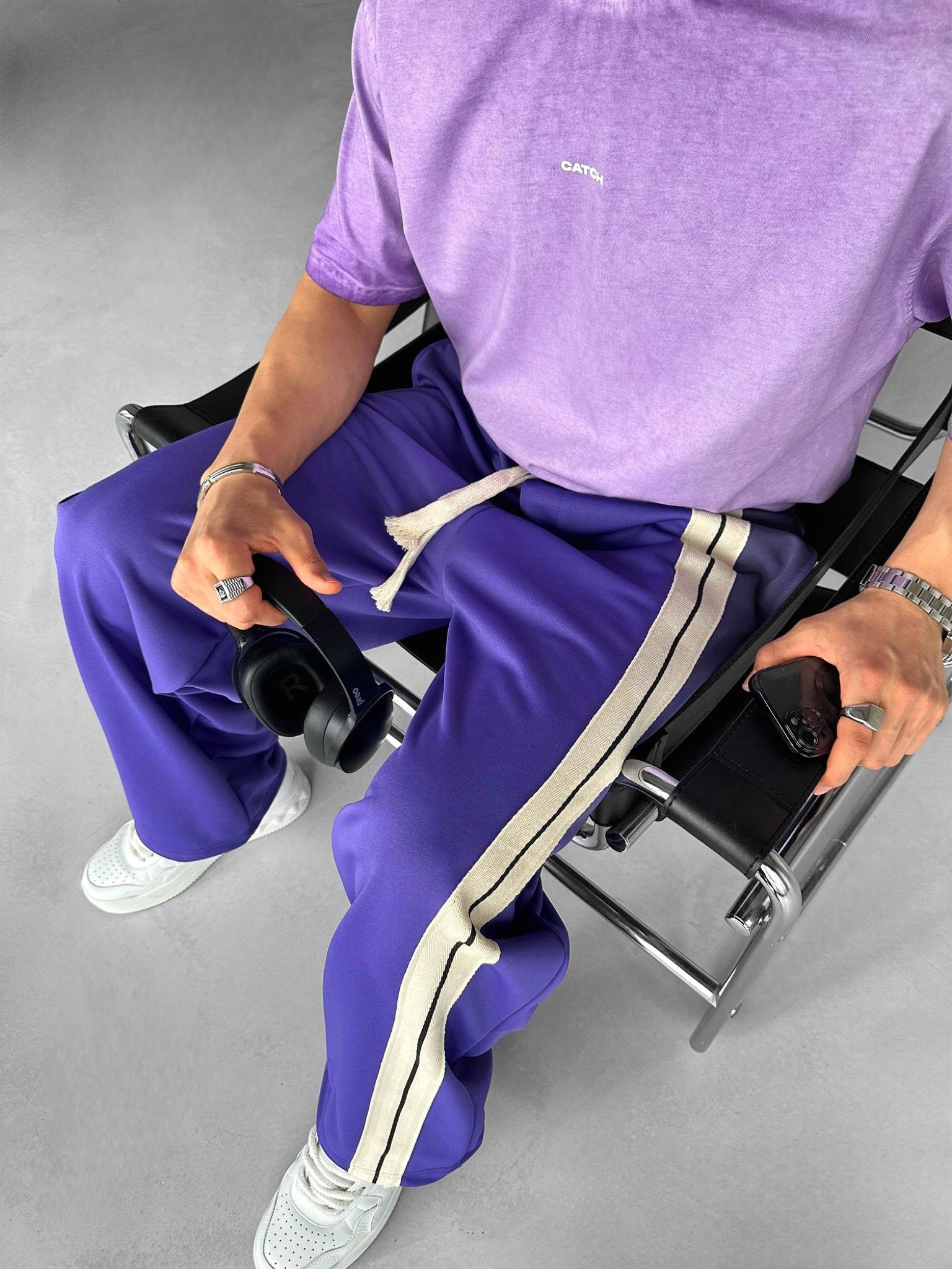 Baggy Fit Çift Çizgili Yazlık Eşofman Mor