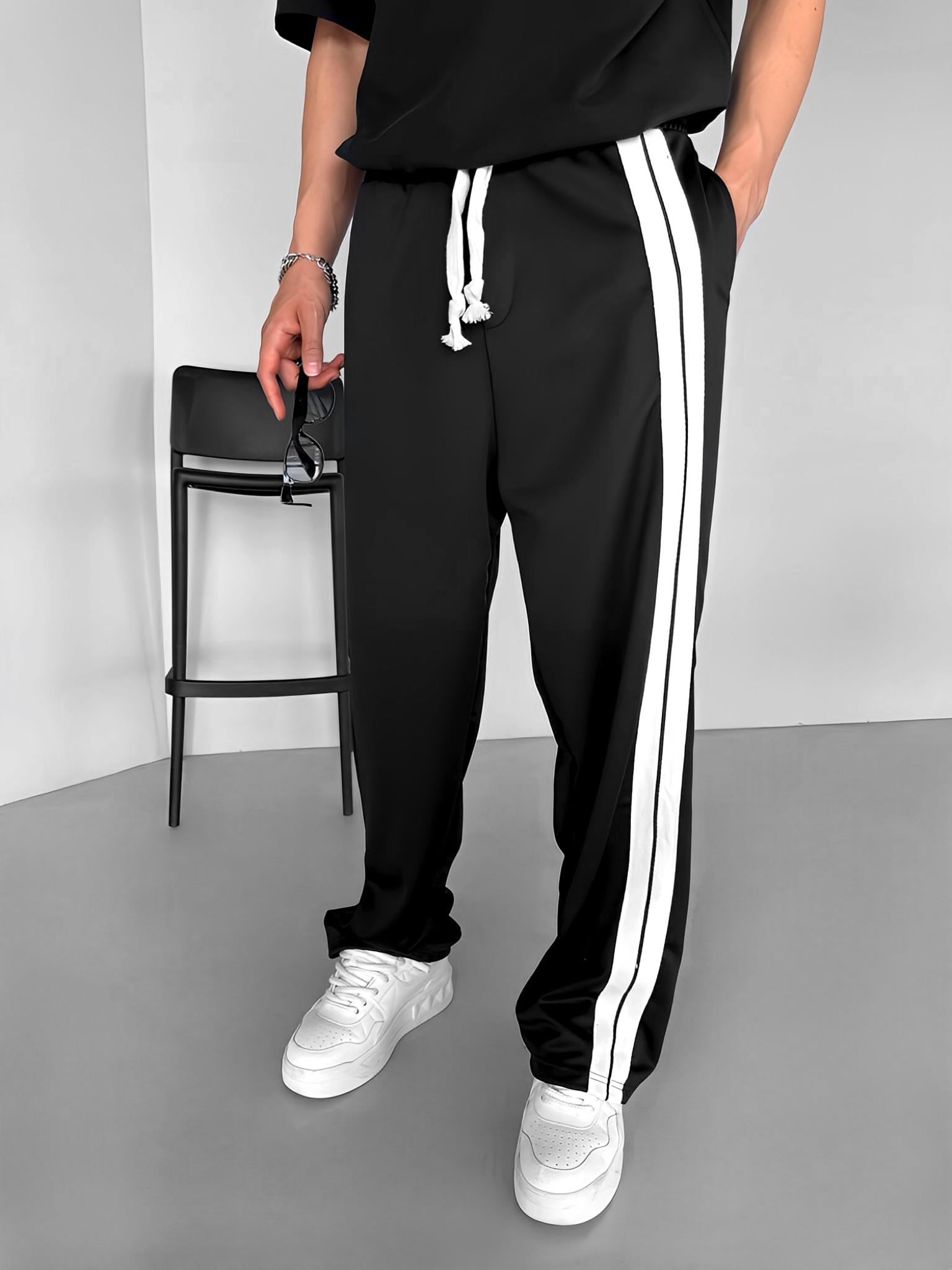 Baggy Fit Çift Çizgili Yazlık Eşofman Siyah