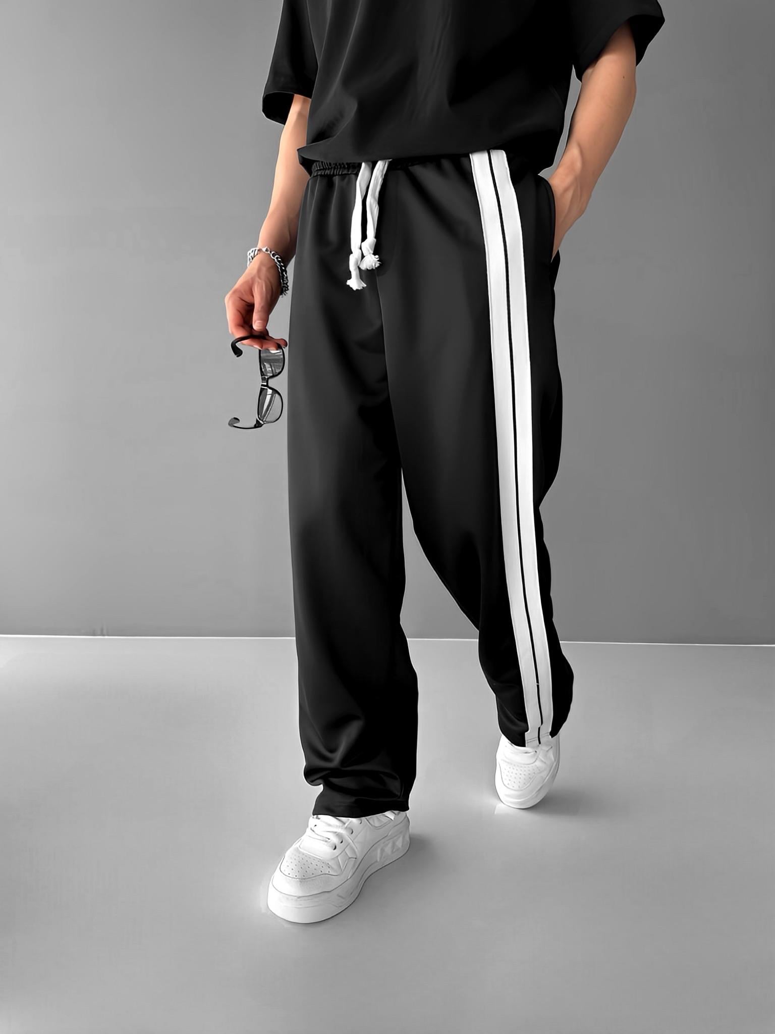Baggy Fit Çift Çizgili Yazlık Eşofman Siyah