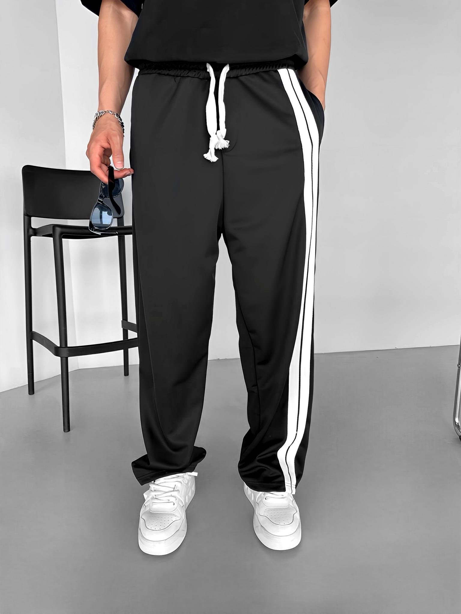 Baggy Fit Çift Çizgili Yazlık Eşofman Siyah