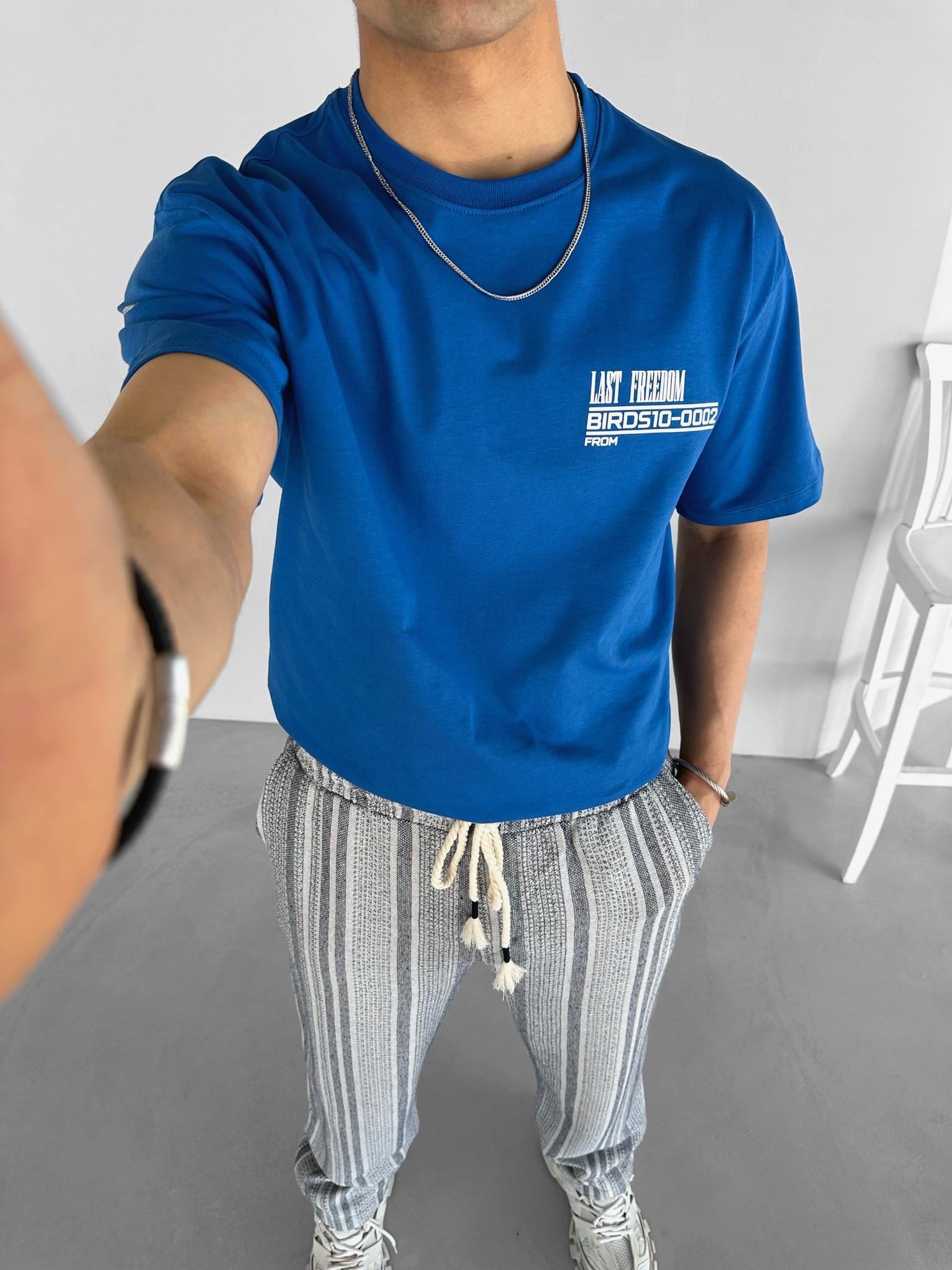 Baggy Fit Çizgili Örme Pantolon Mavi