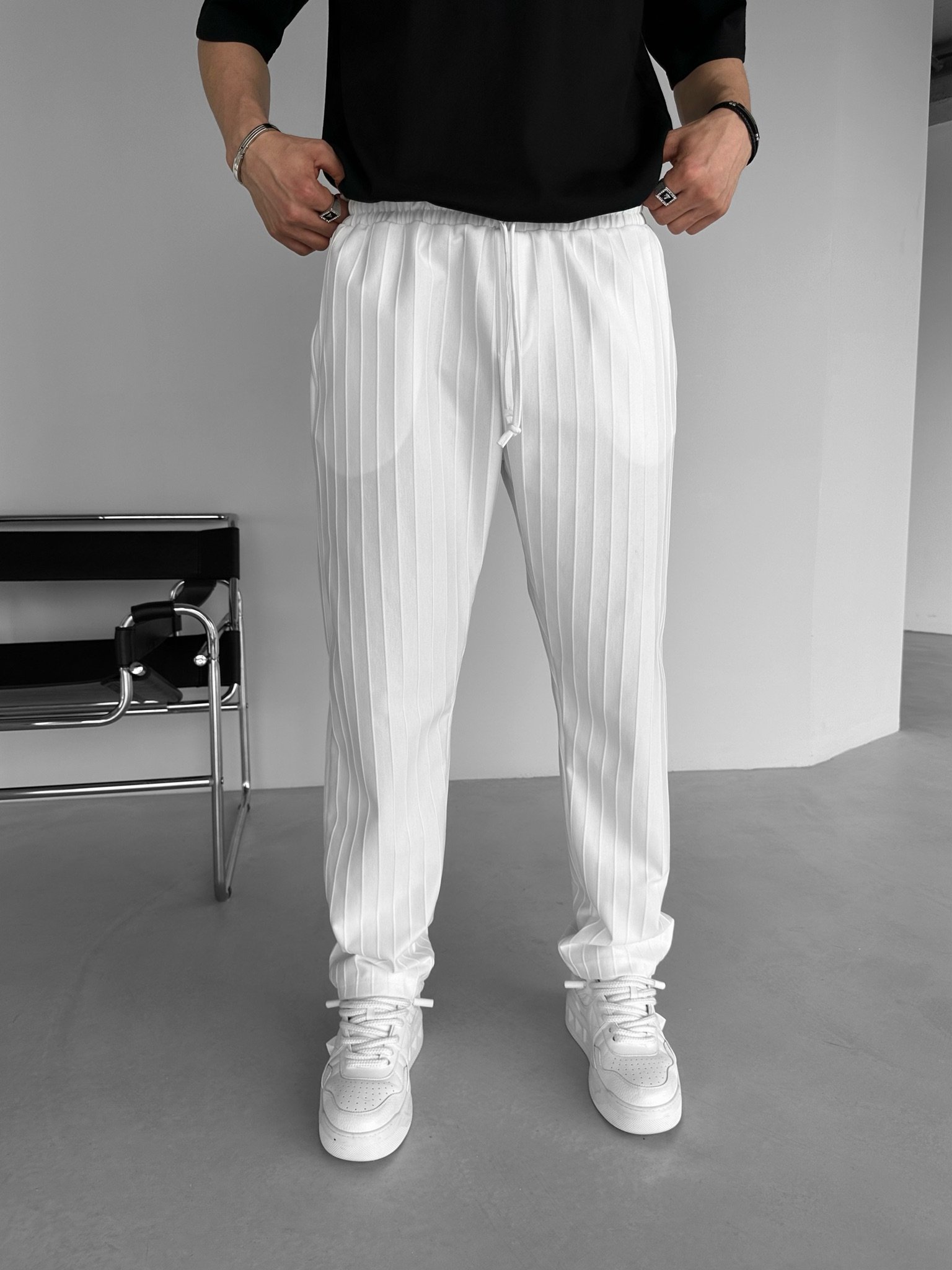 Baggy Fit Çizgili Rahat Pantolon Beyaz