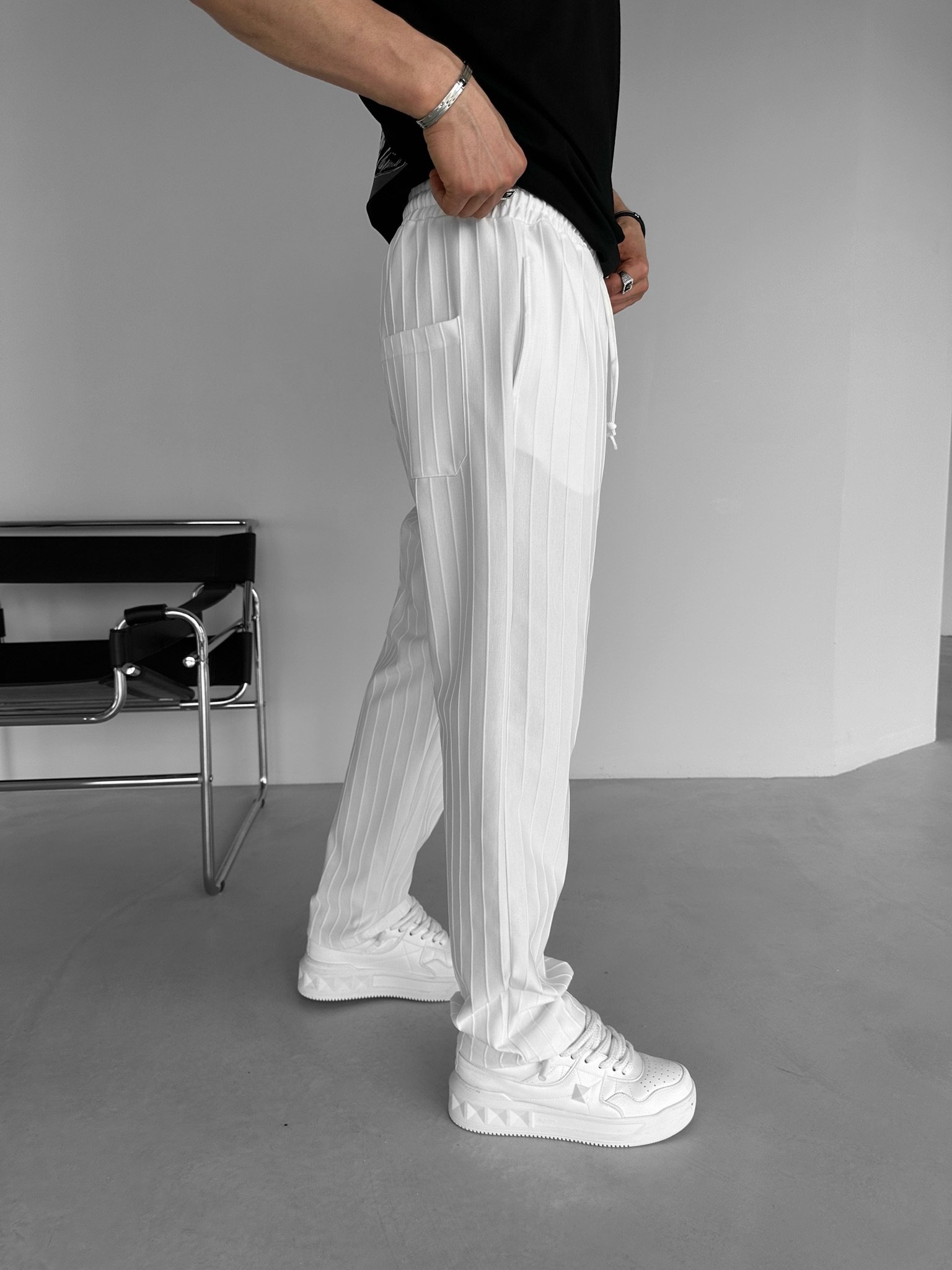 Baggy Fit Çizgili Rahat Pantolon Beyaz
