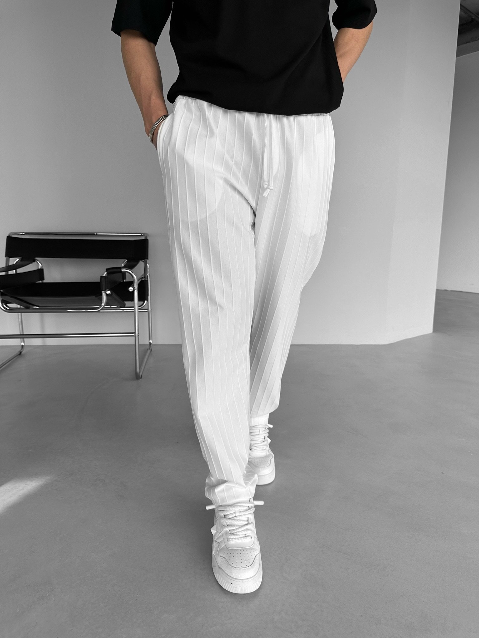 Baggy Fit Çizgili Rahat Pantolon Beyaz