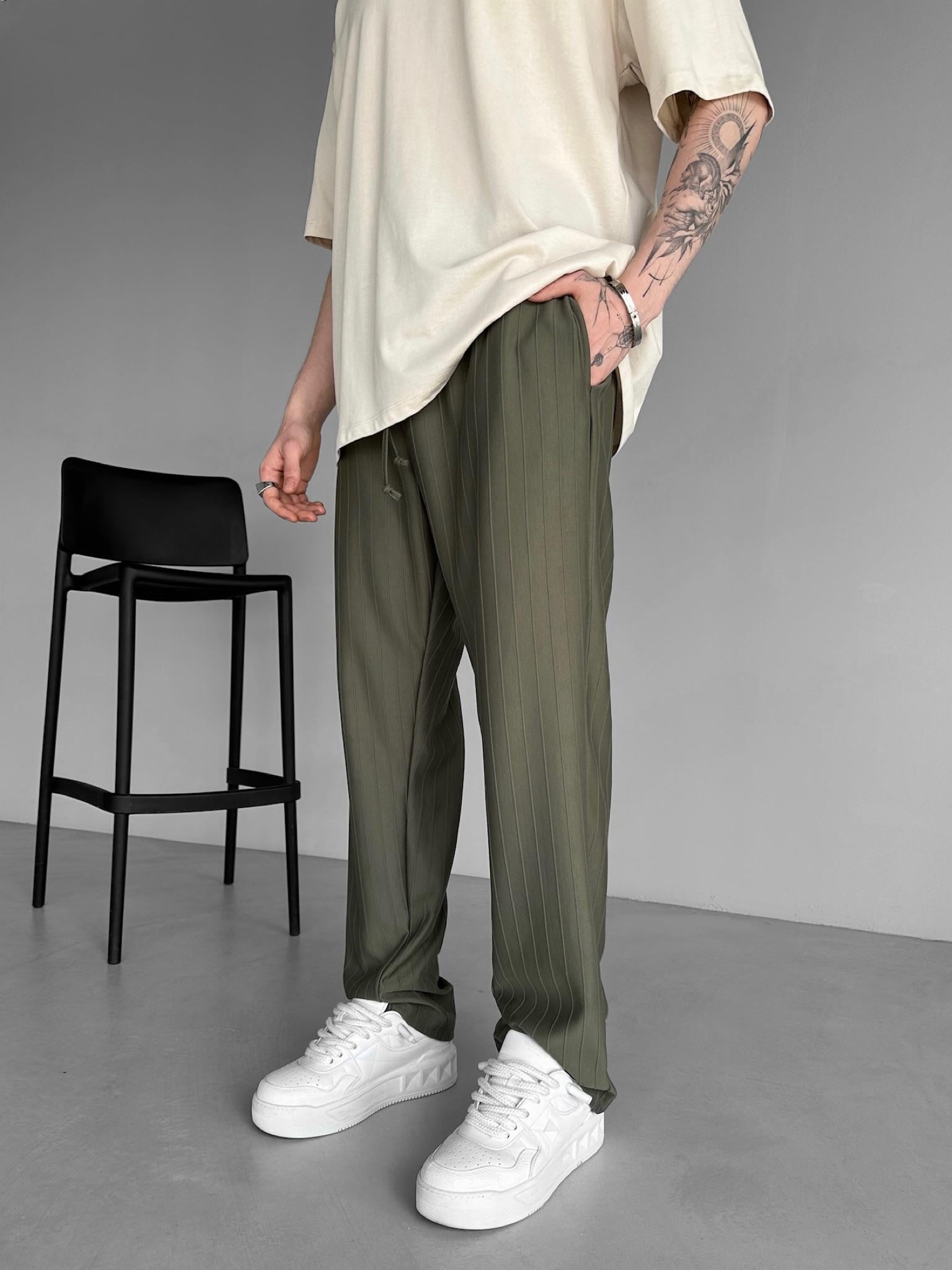 Baggy Fit Çizgili Rahat Pantolon Haki Yeşil