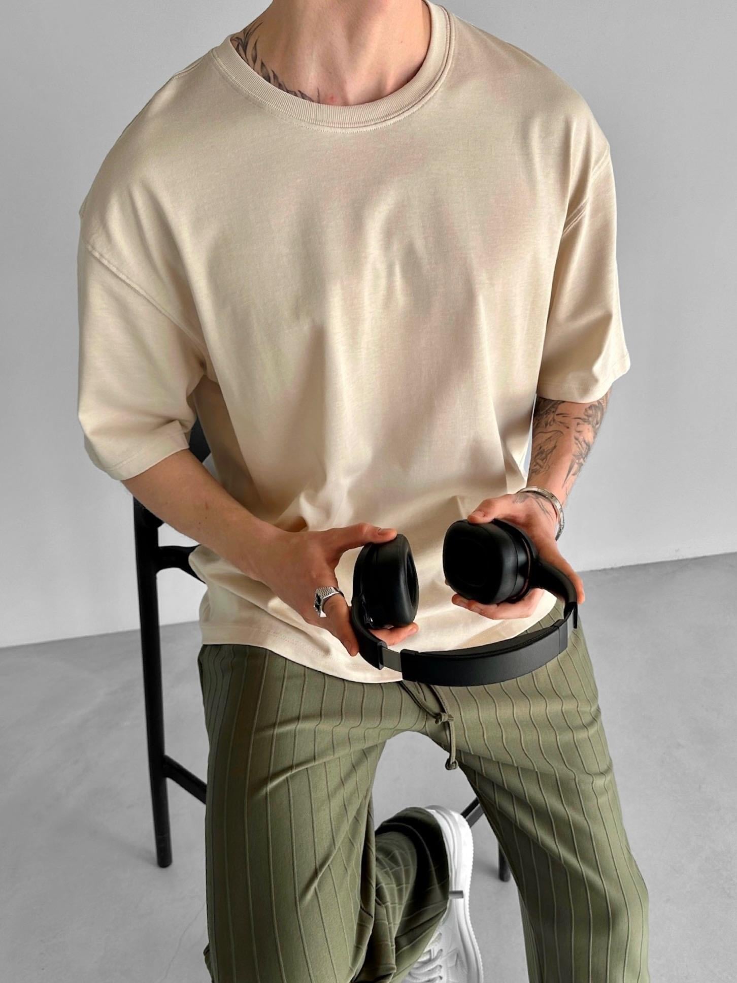 Baggy Fit Çizgili Rahat Pantolon Haki Yeşil