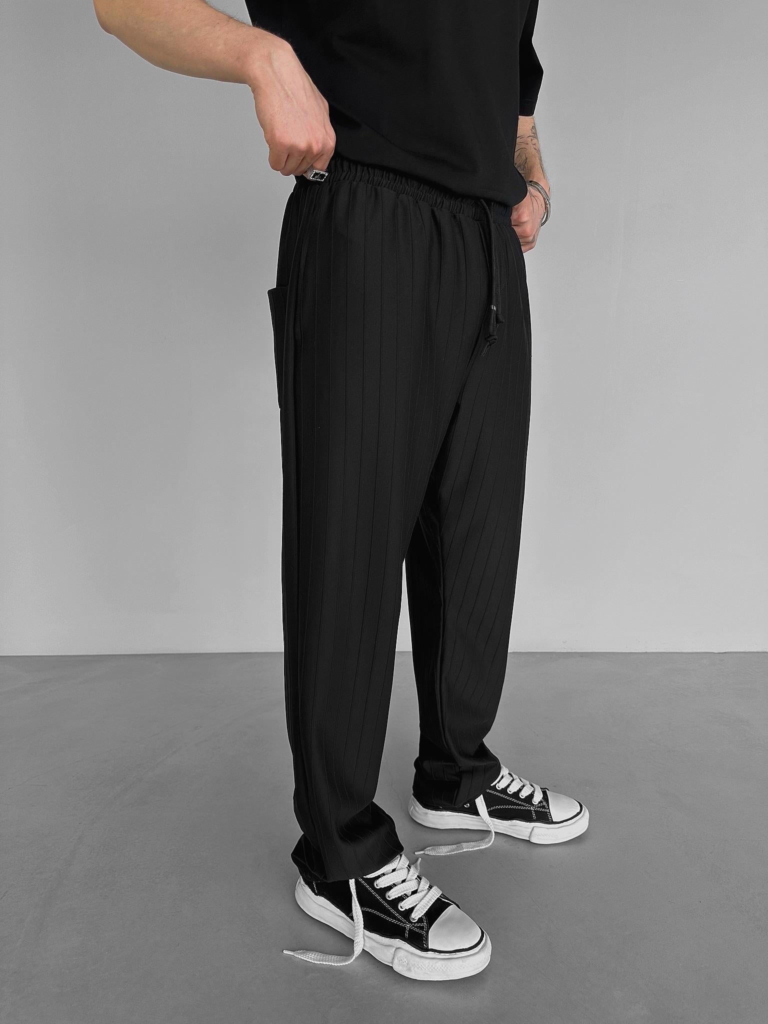 Baggy Fit Çizgili Rahat Pantolon Siyah