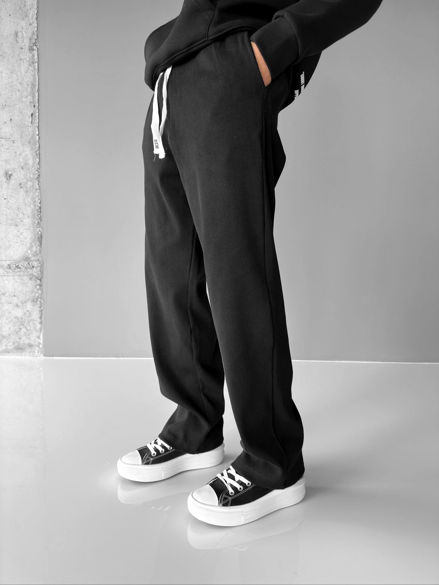 Baggy Fit Çizgili Rahat Pantolon Siyah