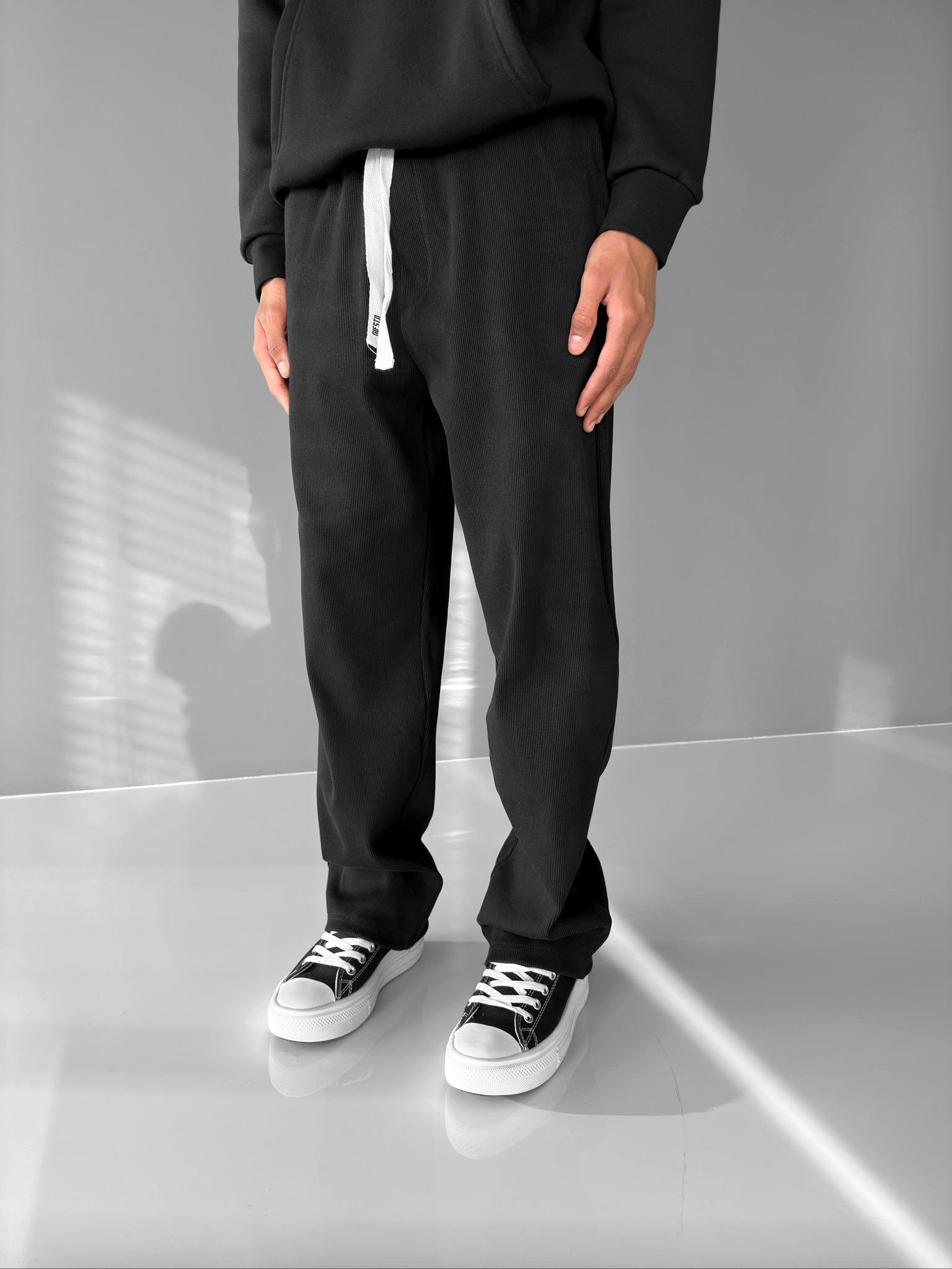 Baggy Fit Çizgili Rahat Pantolon Siyah