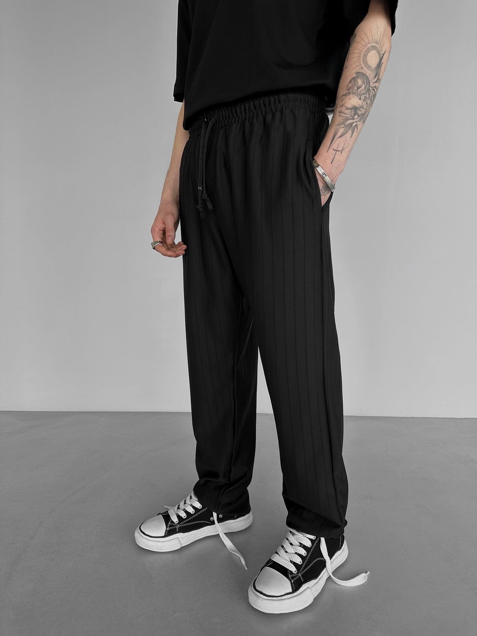 Baggy Fit Çizgili Rahat Pantolon Siyah