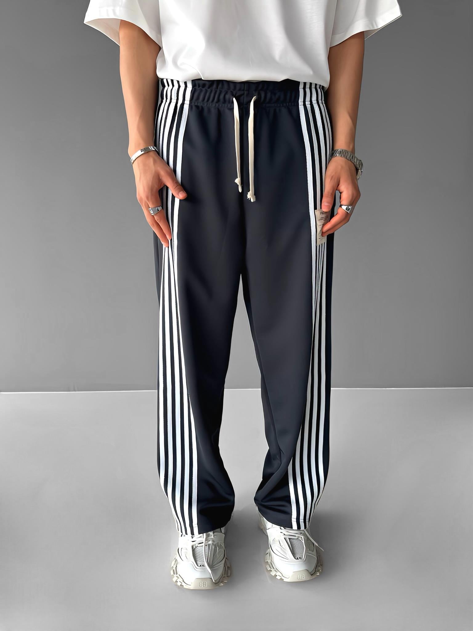 Baggy Fit Çizgili Yazlık Eşofman Siyah