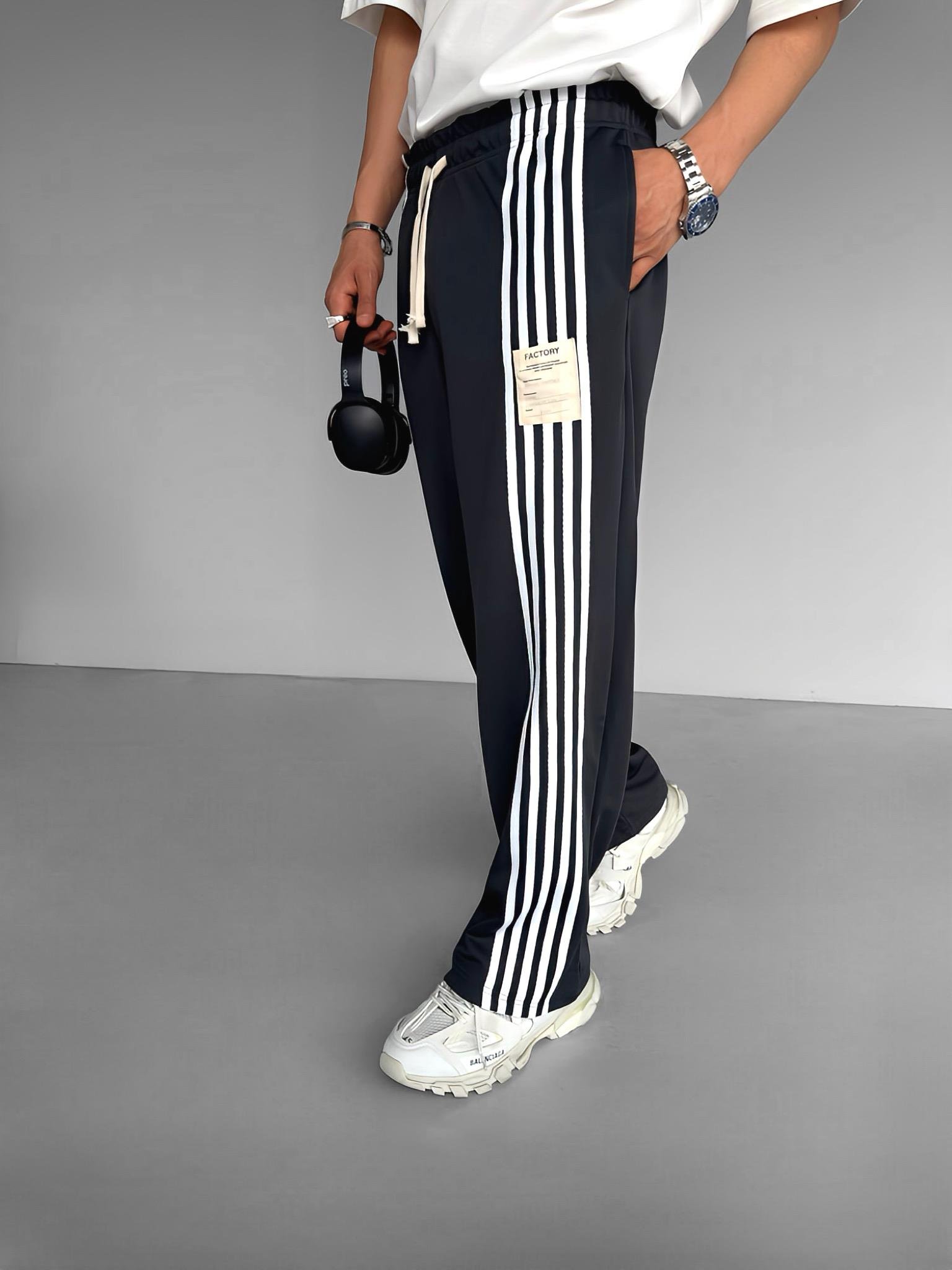 Baggy Fit Çizgili Yazlık Eşofman Siyah