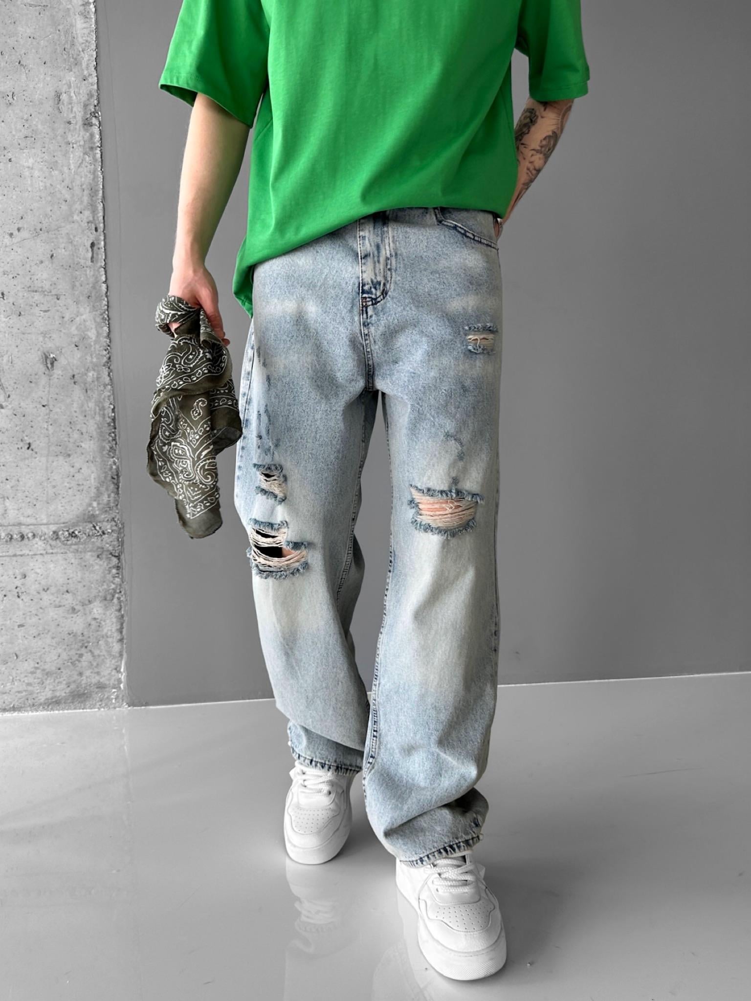Baggy Fit Distressed Jean Buz Mavi