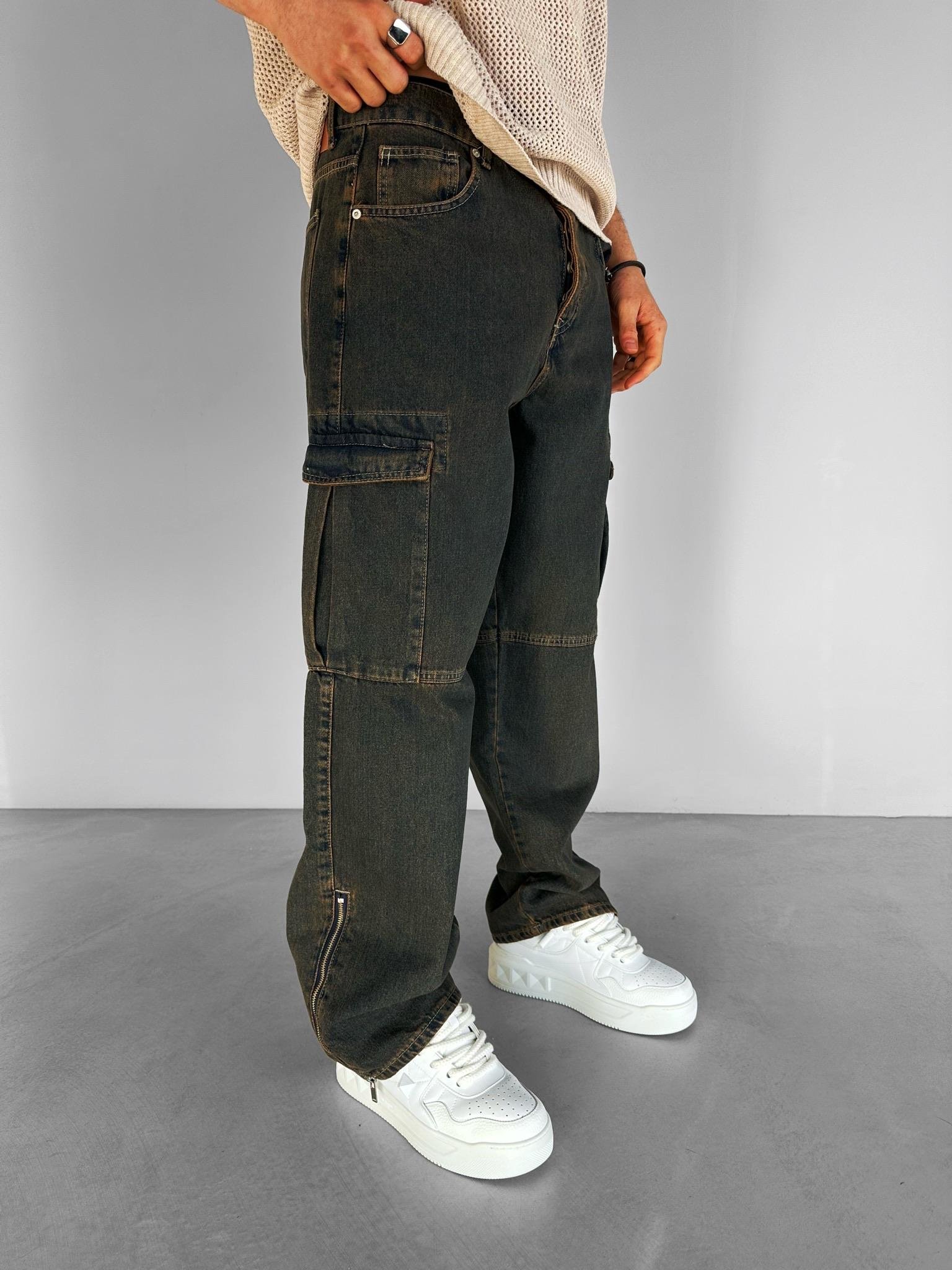 Baggy Fit Eskitme Görünümlü Kargo Jean Lacivert