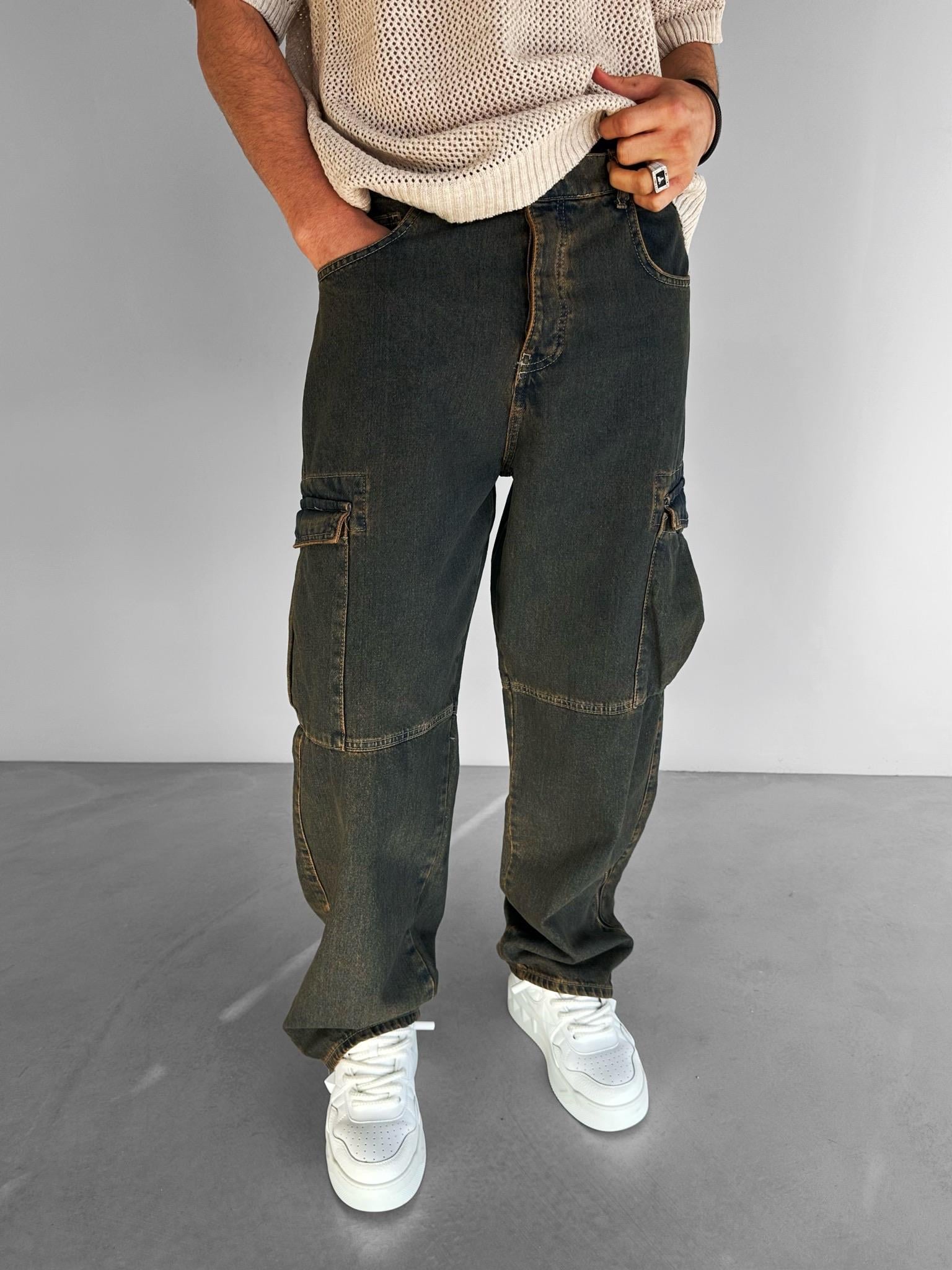 Baggy Fit Eskitme Görünümlü Kargo Jean Lacivert