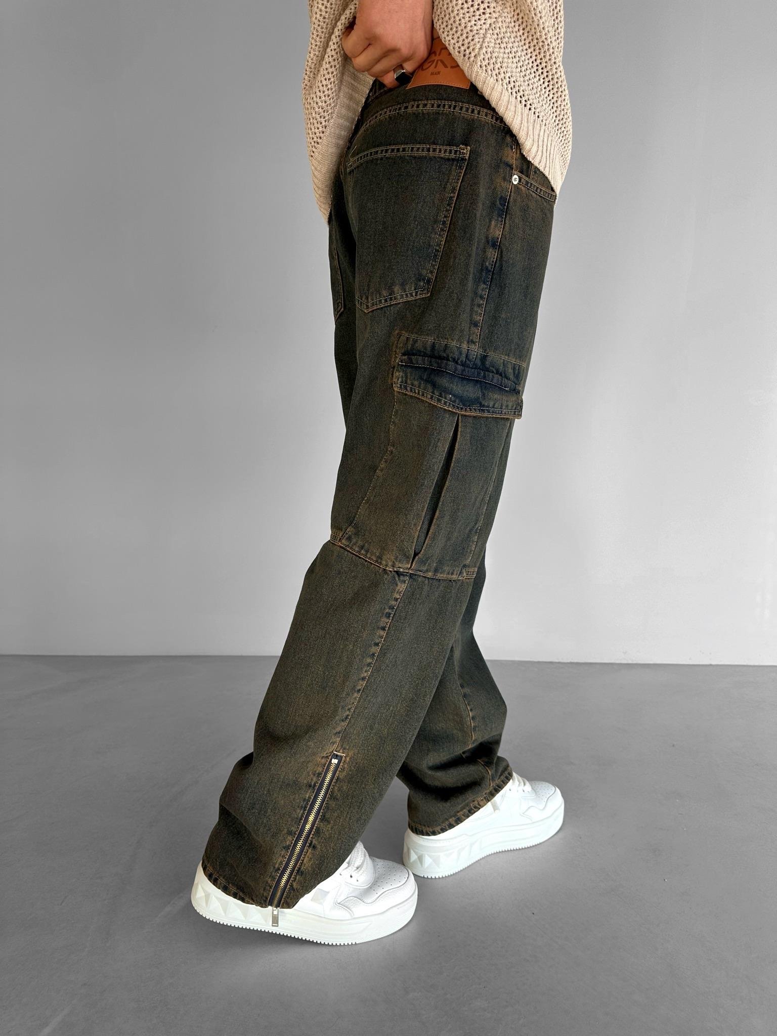 Baggy Fit Eskitme Görünümlü Kargo Jean Lacivert