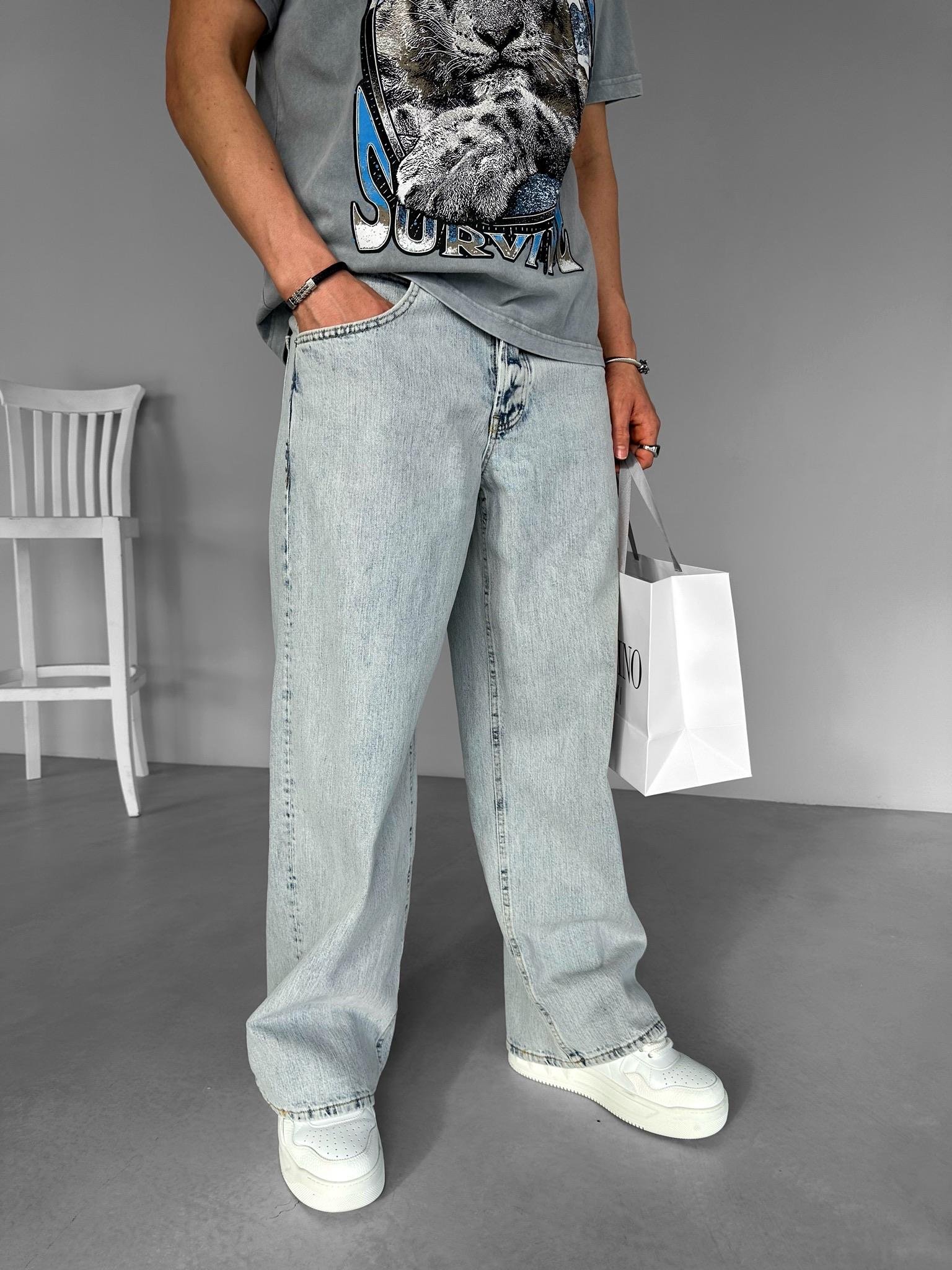 Baggy Fit Eskitme Taşlamalı Jean Pantolon Buz Mavi