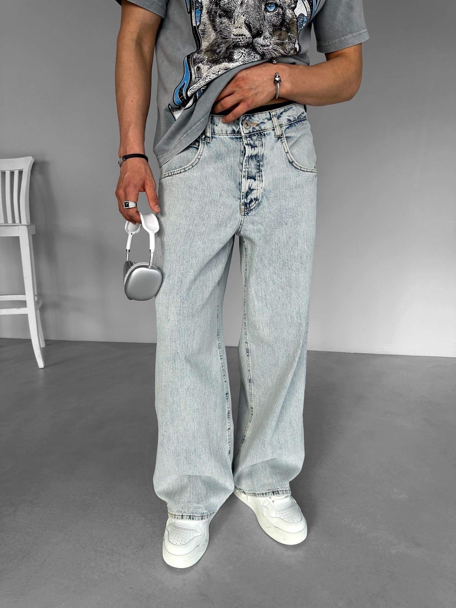 Baggy Fit Eskitme Taşlamalı Jean Pantolon Buz Mavi