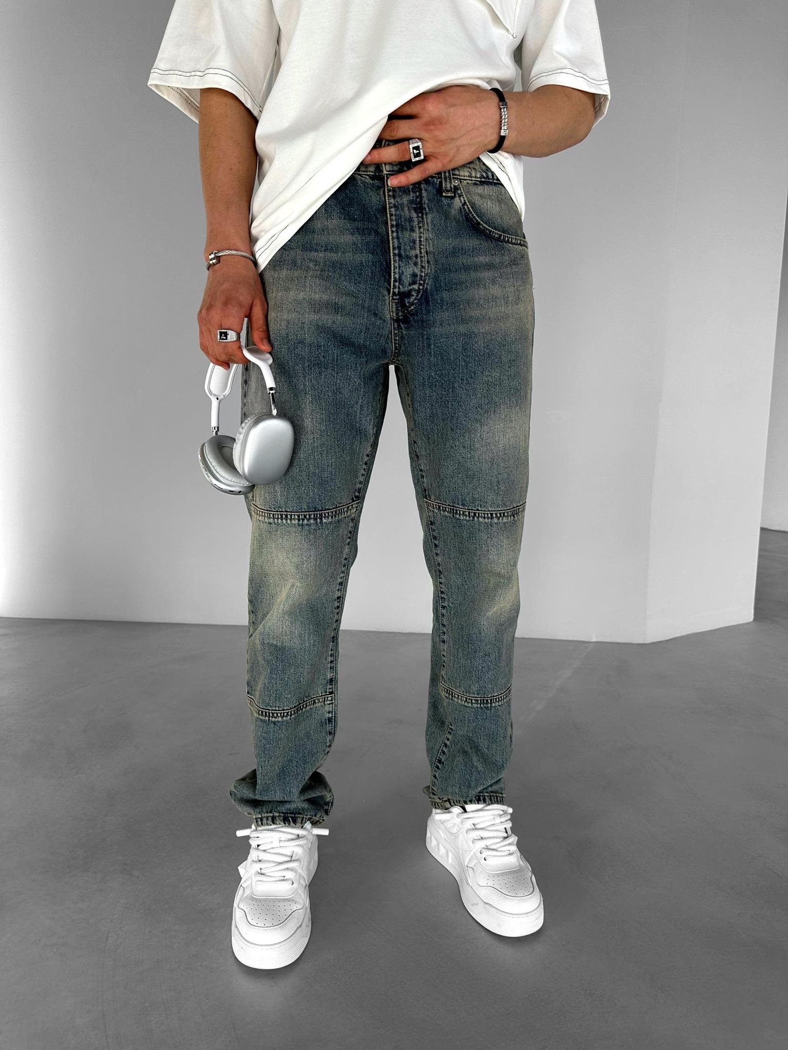 Baggy Fit Eskitmeli Yıkamalı Blok Detaylı Jean Mavi