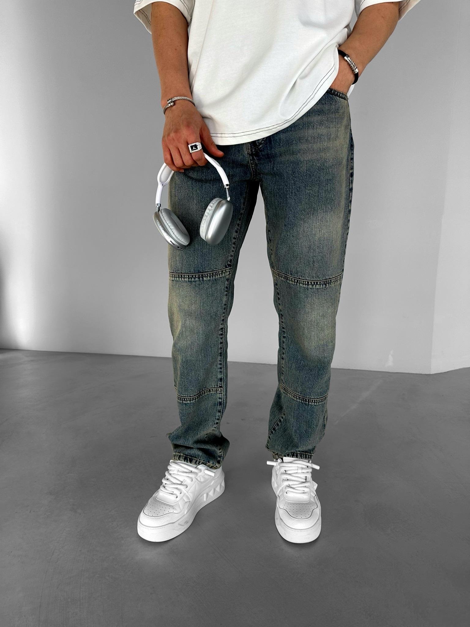 Baggy Fit Eskitmeli Yıkamalı Blok Detaylı Jean Mavi