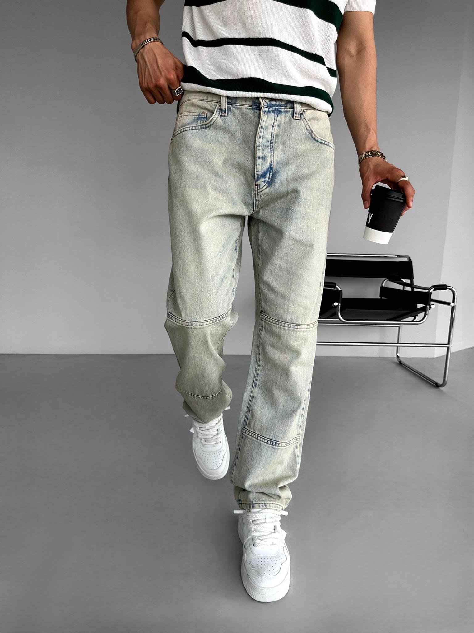 Baggy Fit Eskitmeli Yıkamalı Blok Detaylı Jean Buz Mavi