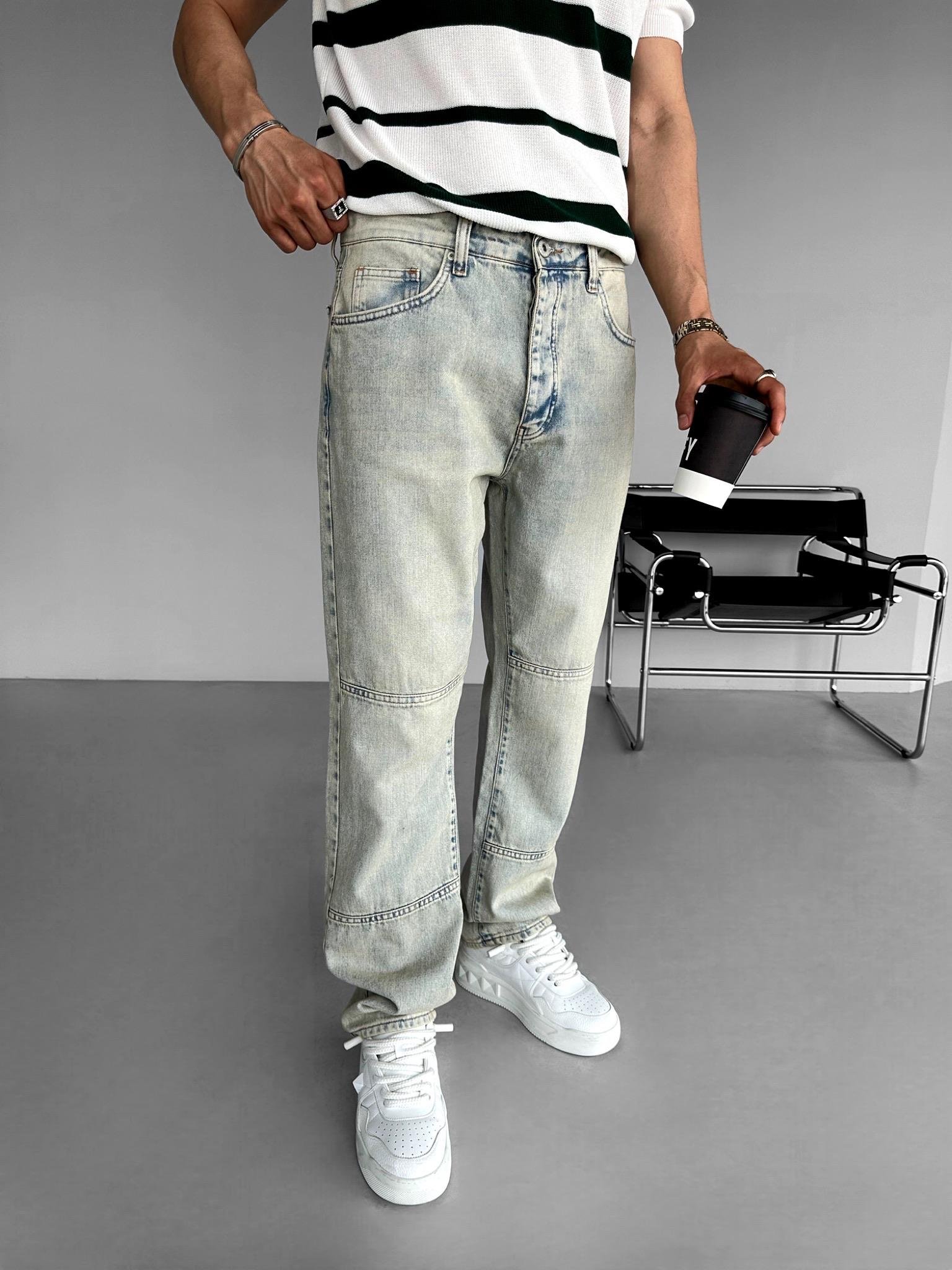 Baggy Fit Eskitmeli Yıkamalı Blok Detaylı Jean Buz Mavi