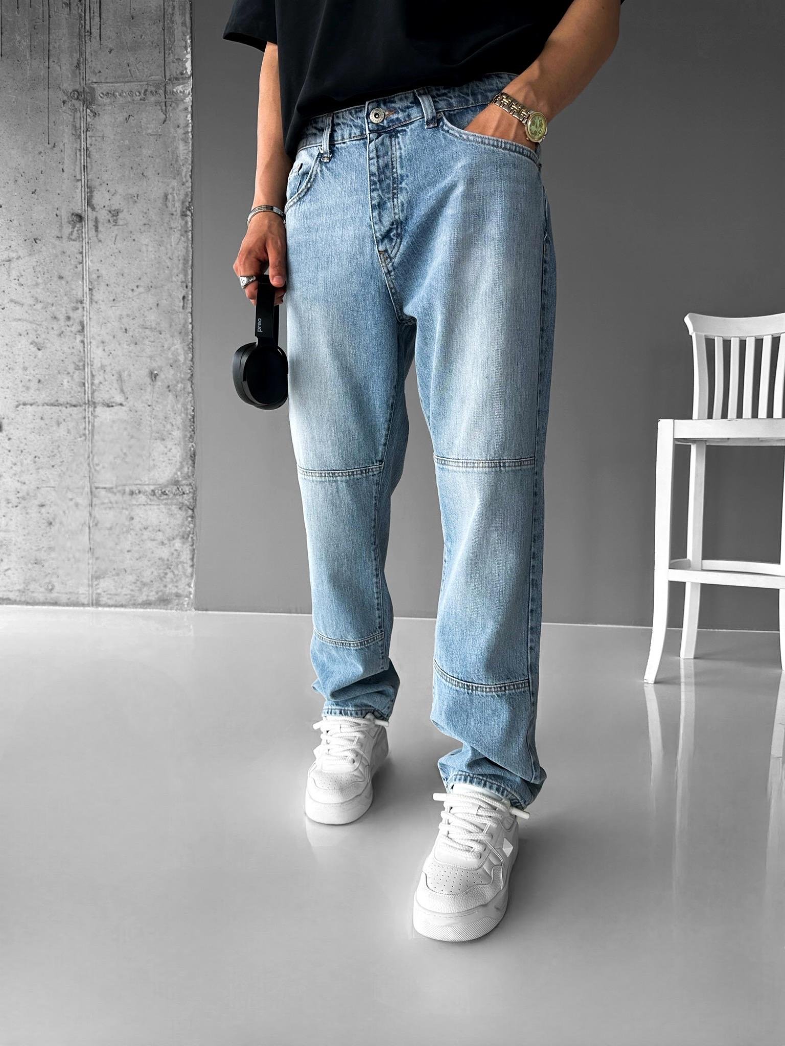 Baggy Fit Eskitmeli Yıkamalı Blok Detaylı Jean Açık Mavi