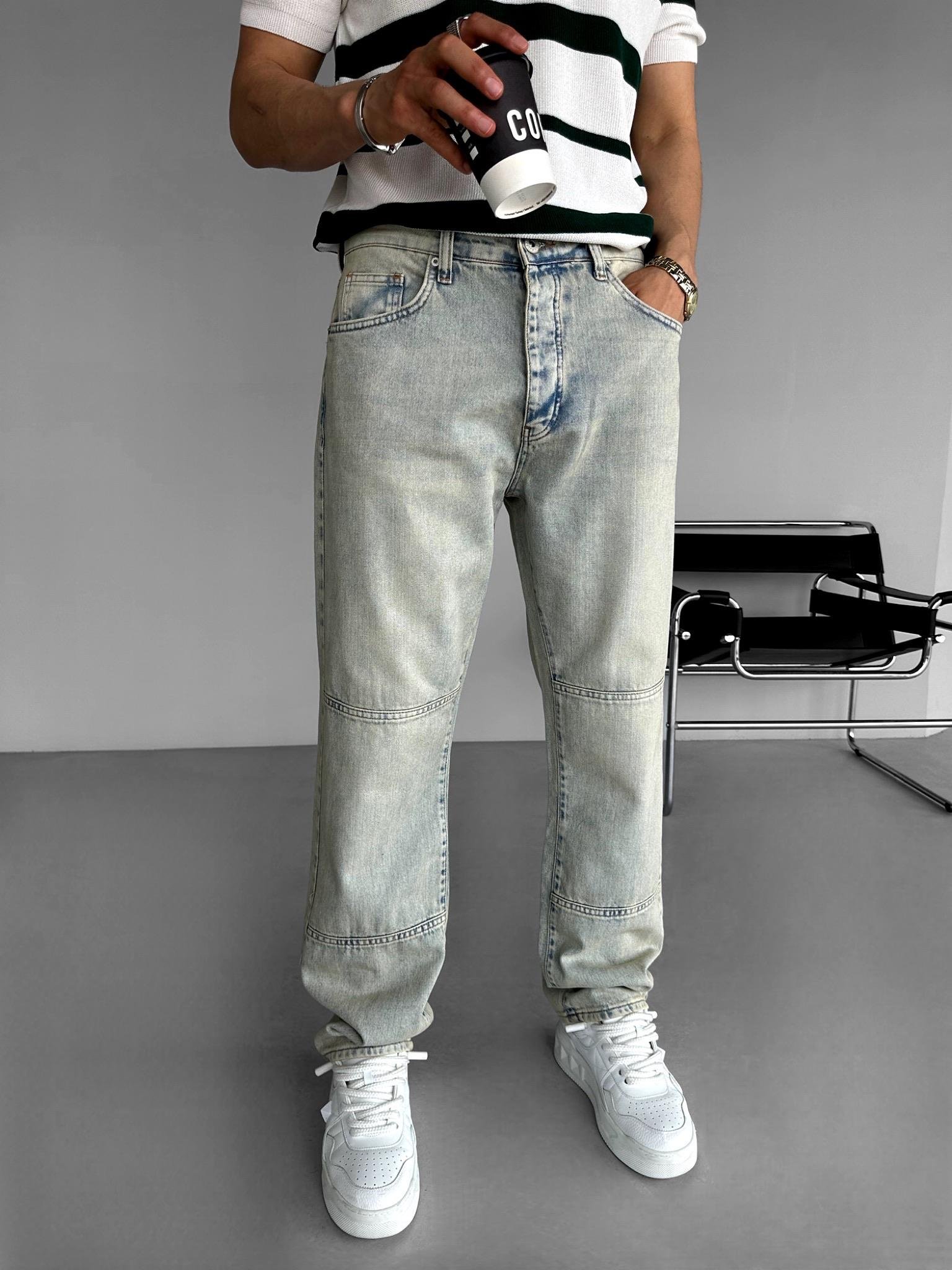 Baggy Fit Eskitmeli Yıkamalı Blok Detaylı Jean Buz Mavi
