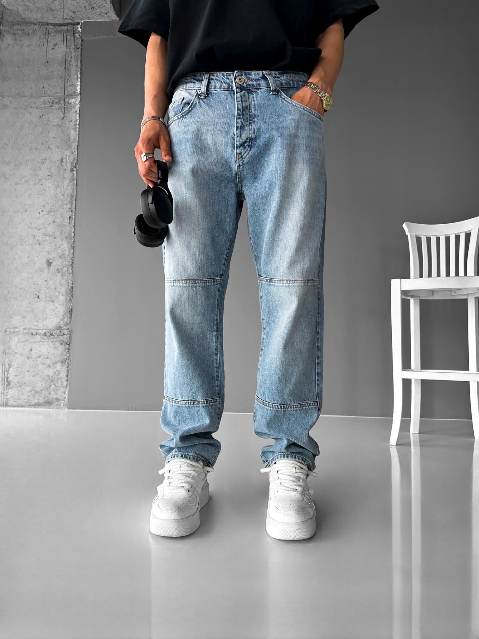 Baggy Fit Eskitmeli Yıkamalı Blok Detaylı Jean Açık Mavi