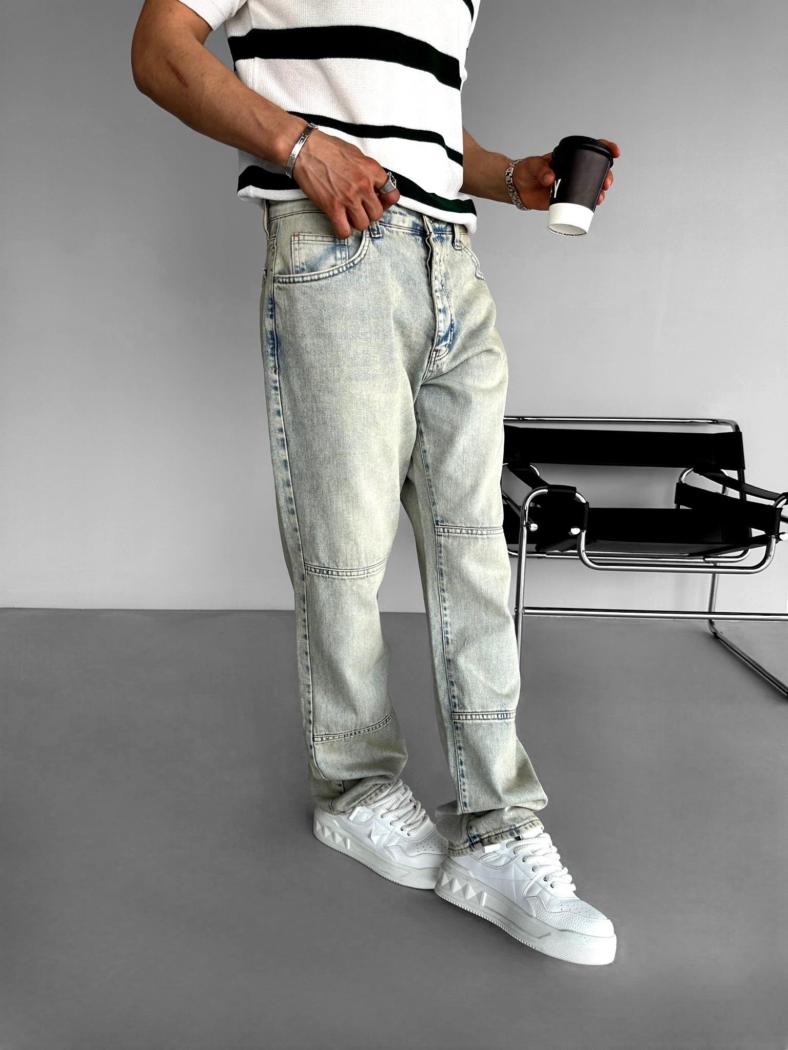 Baggy Fit Eskitmeli Yıkamalı Blok Detaylı Jean Buz Mavi
