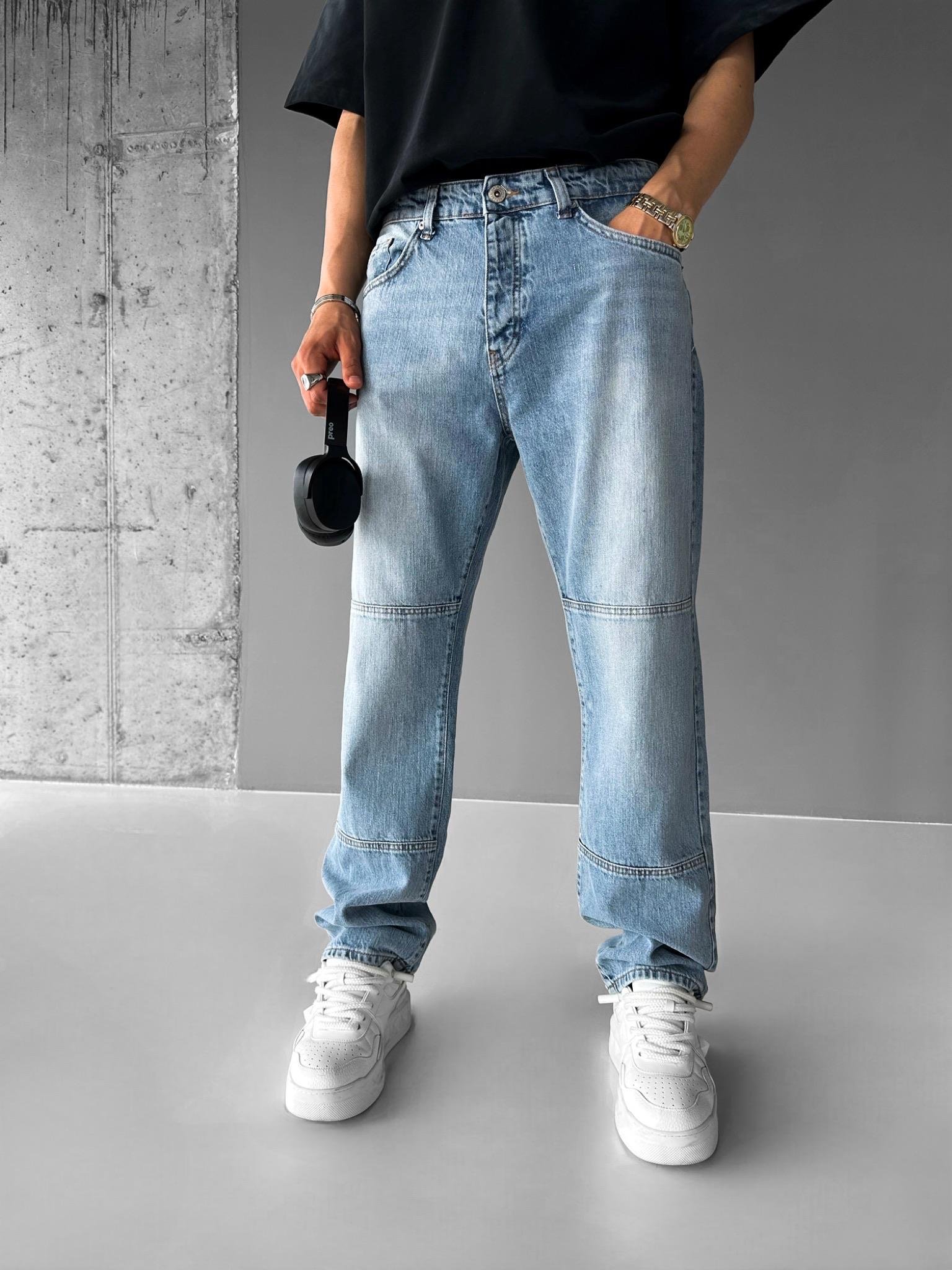 Baggy Fit Eskitmeli Yıkamalı Blok Detaylı Jean Açık Mavi