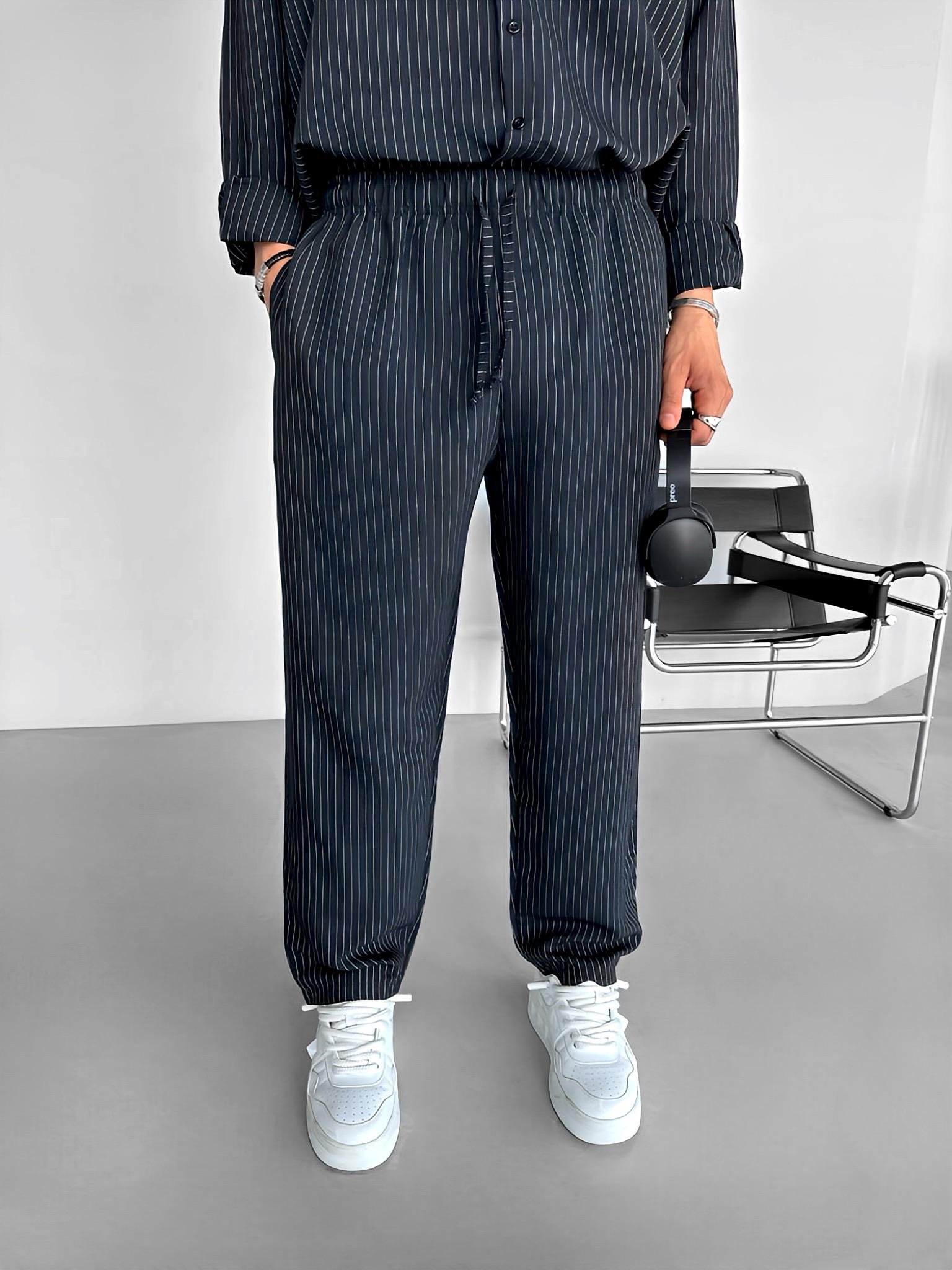 Baggy Fit İnce Düz Çizgili Pantolon Siyah
