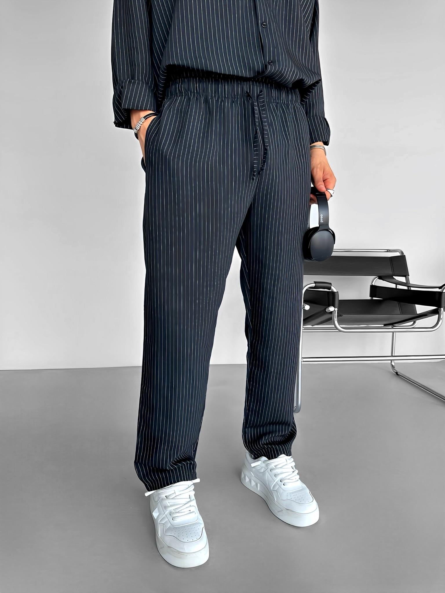 Baggy Fit İnce Düz Çizgili Pantolon Siyah