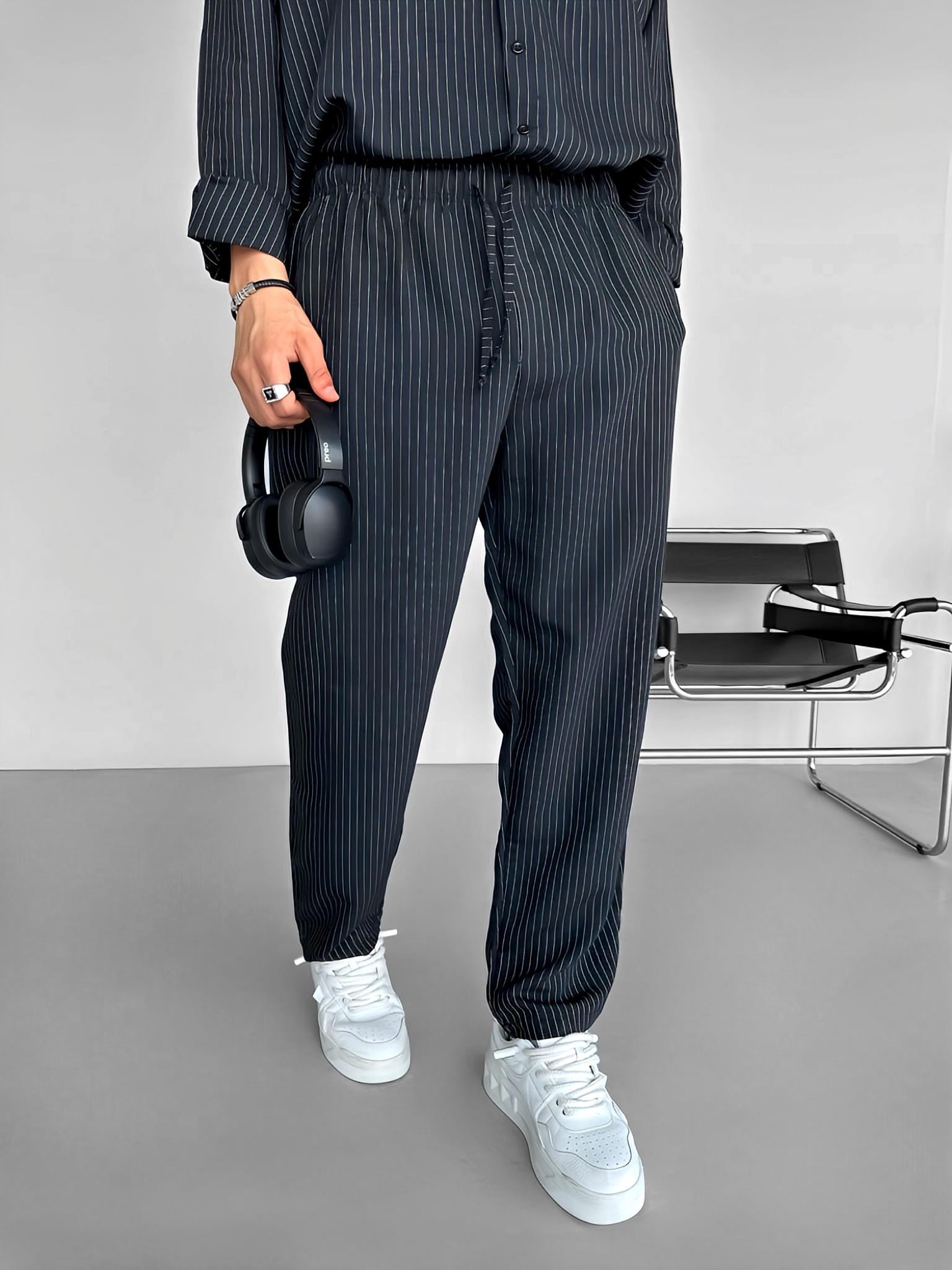 Baggy Fit İnce Düz Çizgili Pantolon Siyah