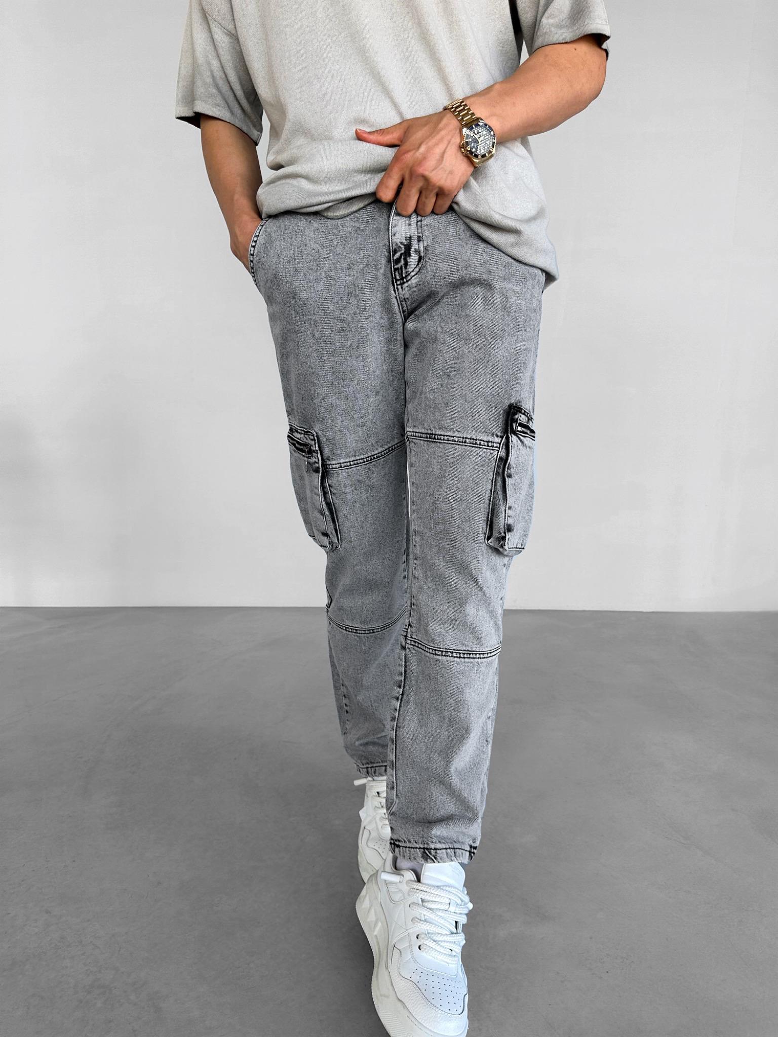 Baggy Fit Jean Fermuar Kargo Cepli Efektli Pantolon Gri