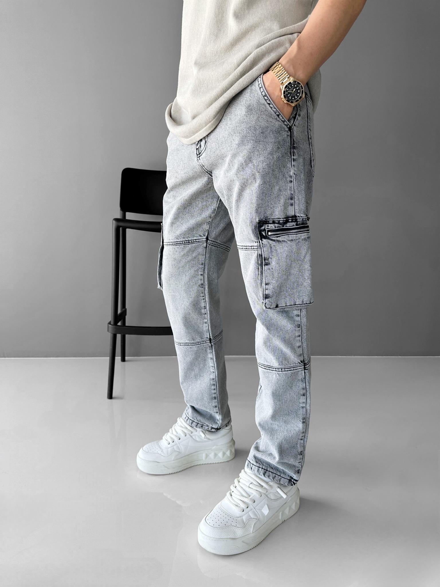 Baggy Fit Jean Fermuar Kargo Cepli Efektli Pantolon Gri
