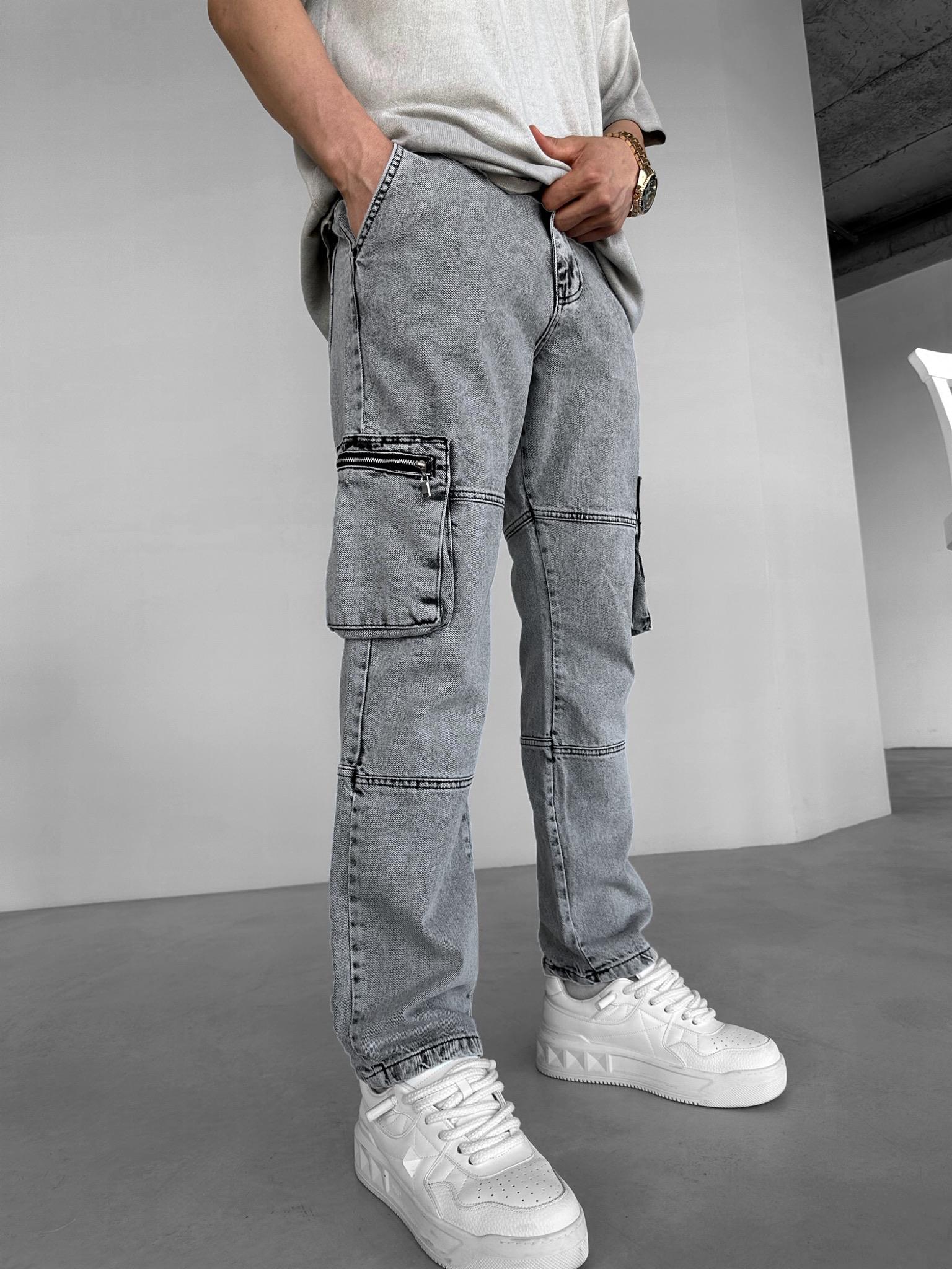 Baggy Fit Jean Fermuar Kargo Cepli Efektli Pantolon Gri
