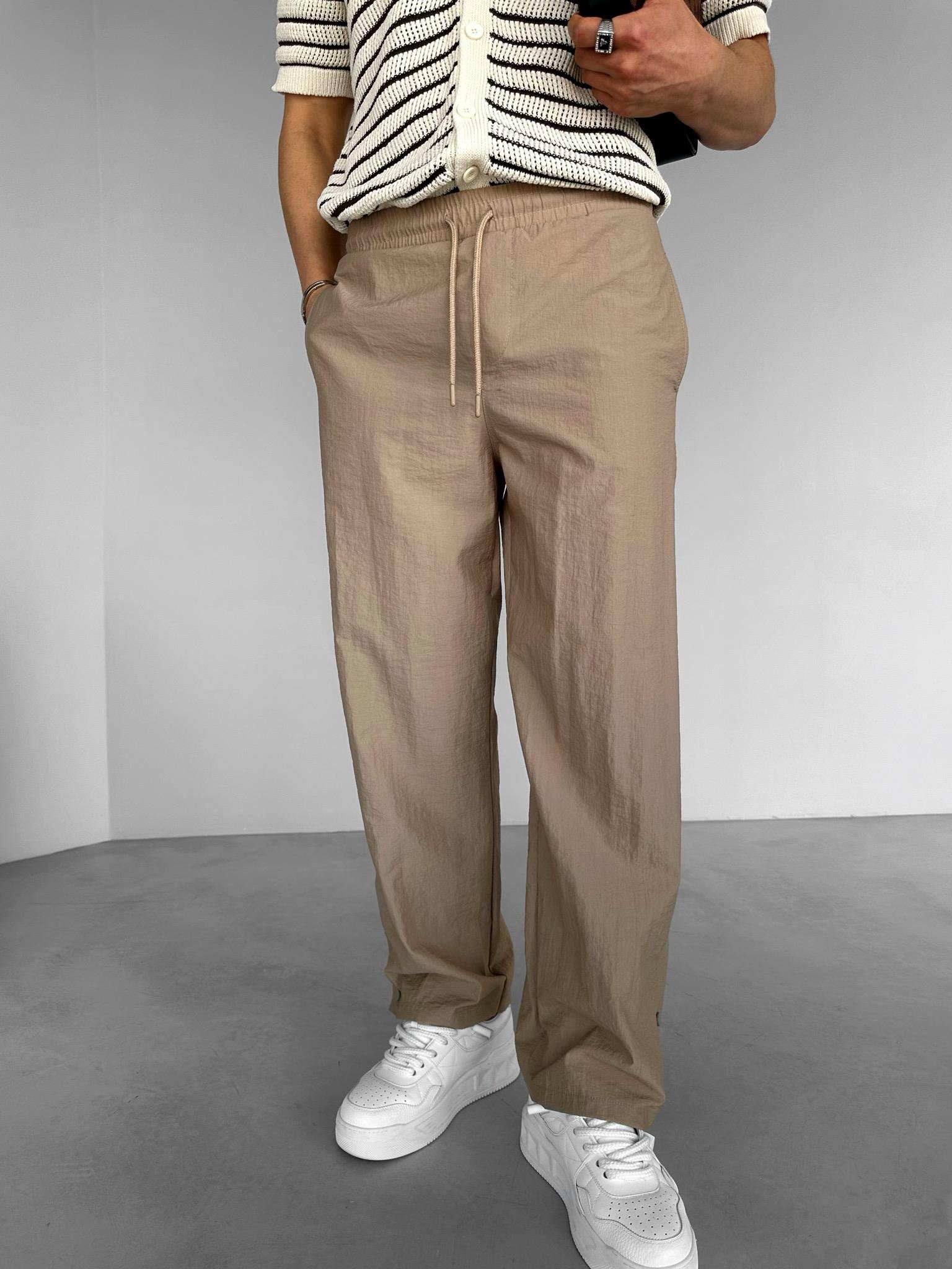 Baggy Fit Paçası Düğmeli Paraşüt Pantolon Bej