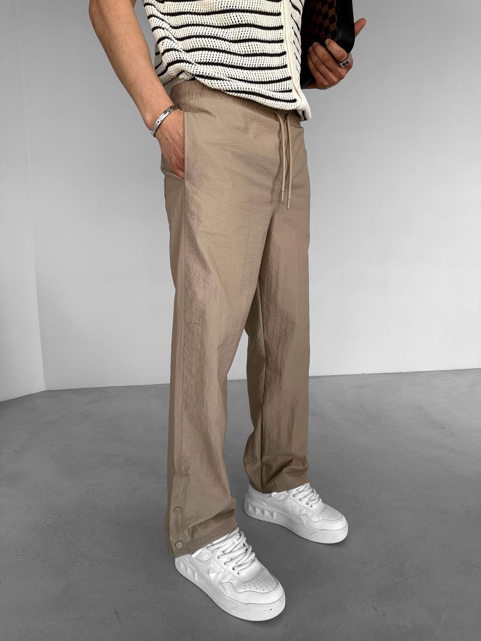 Baggy Fit Paçası Düğmeli Paraşüt Pantolon Bej