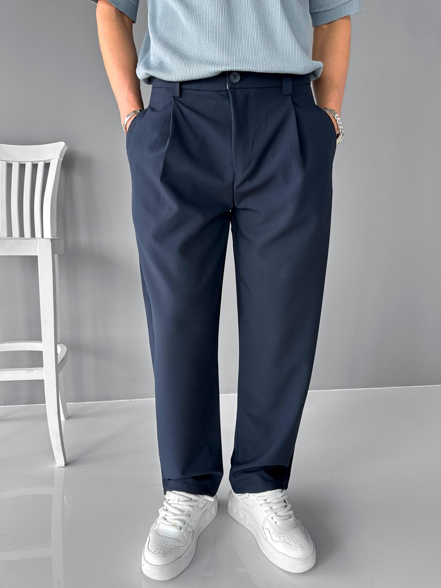 Baggy Fit Pileli Kemer Astarlı Kalın Kumaş Pantolon Lacivert