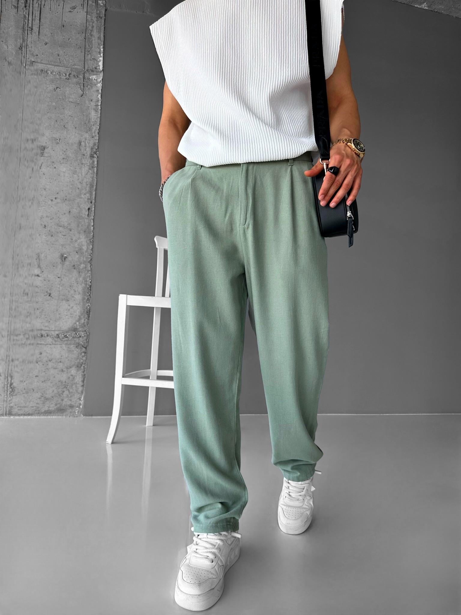 Baggy Fit Pileli Kumaş Pantolon Açık Yeşil