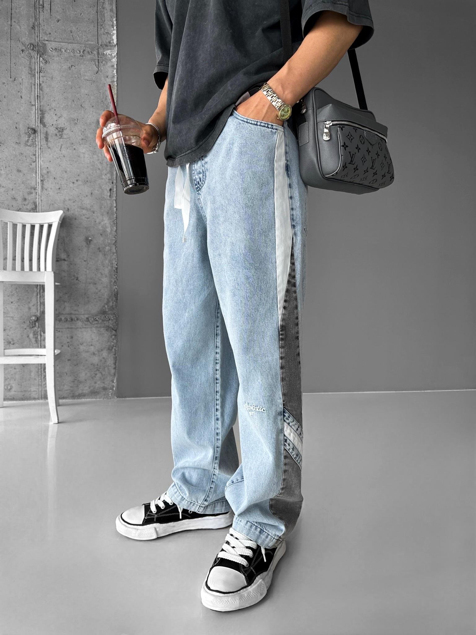 Baggy Fit Retro Line Beli Lastikli Jean Pantolon Mavi