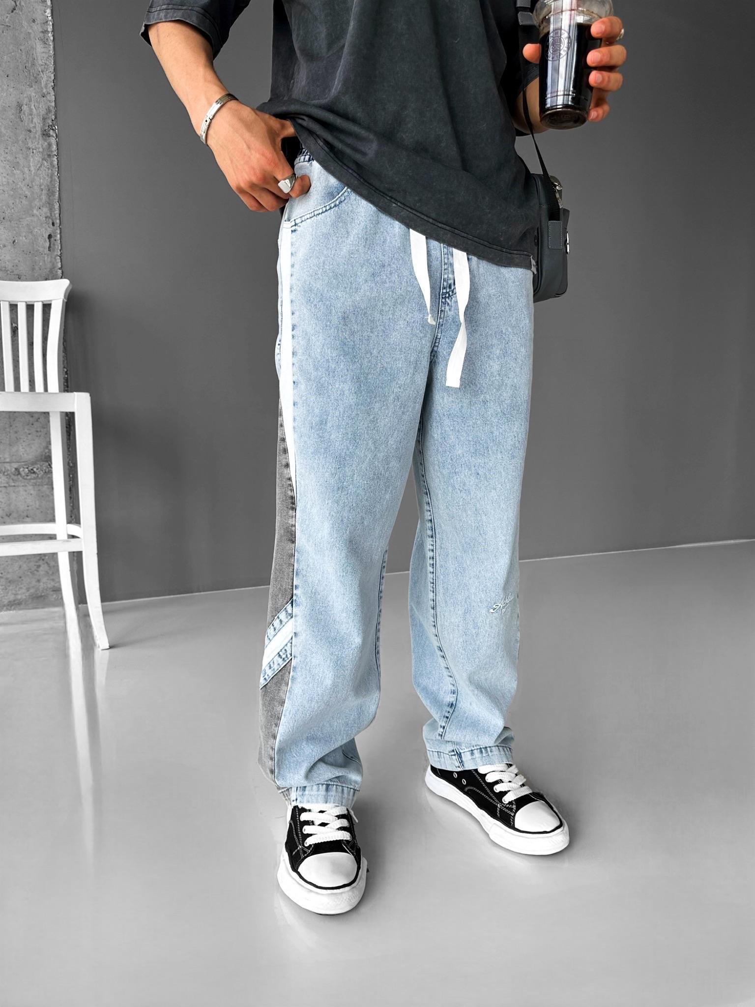 Baggy Fit Retro Line Beli Lastikli Jean Pantolon Mavi