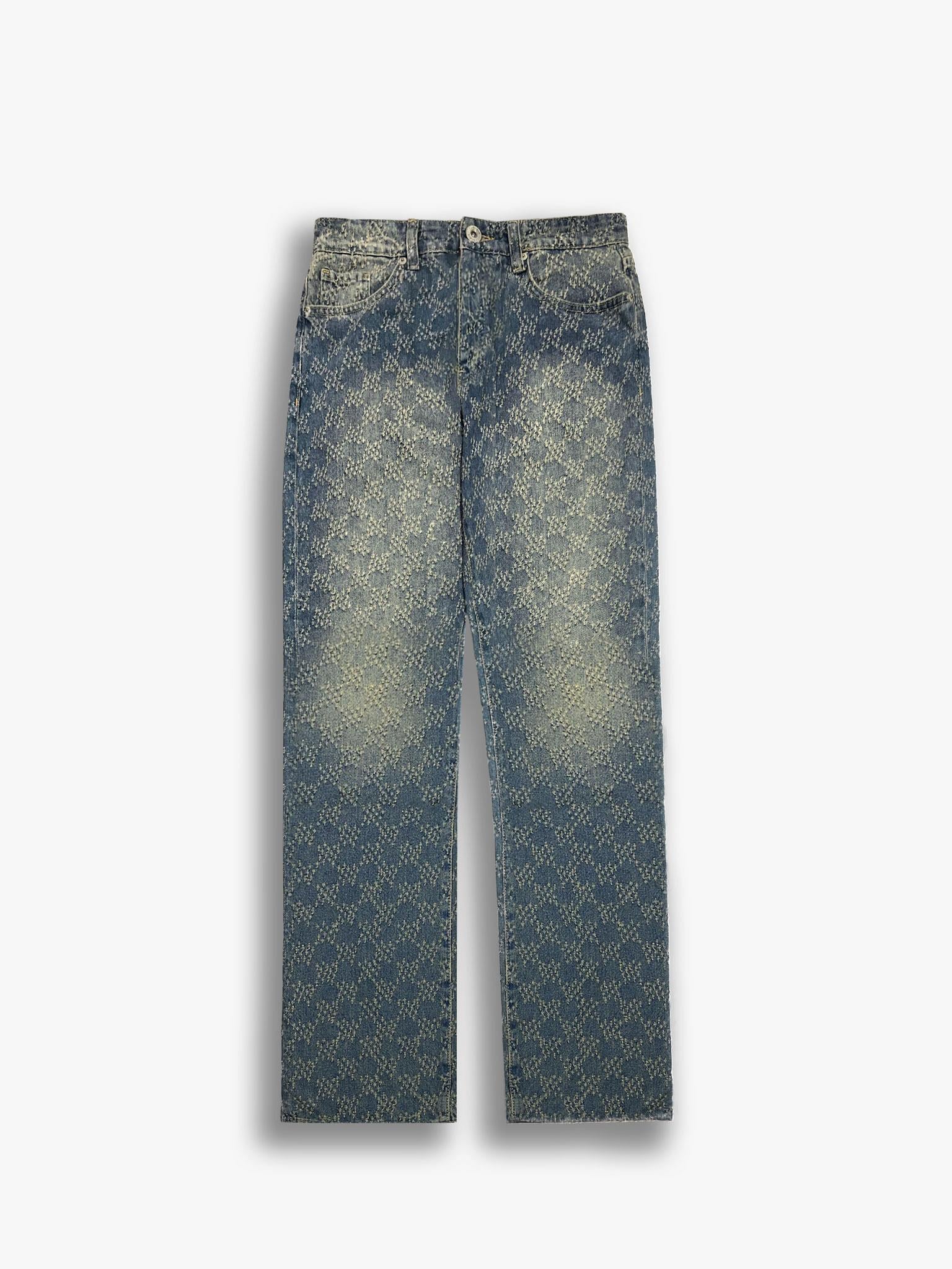 Baggy Fit Textured Fabric Distressed Jean Buz Mavi