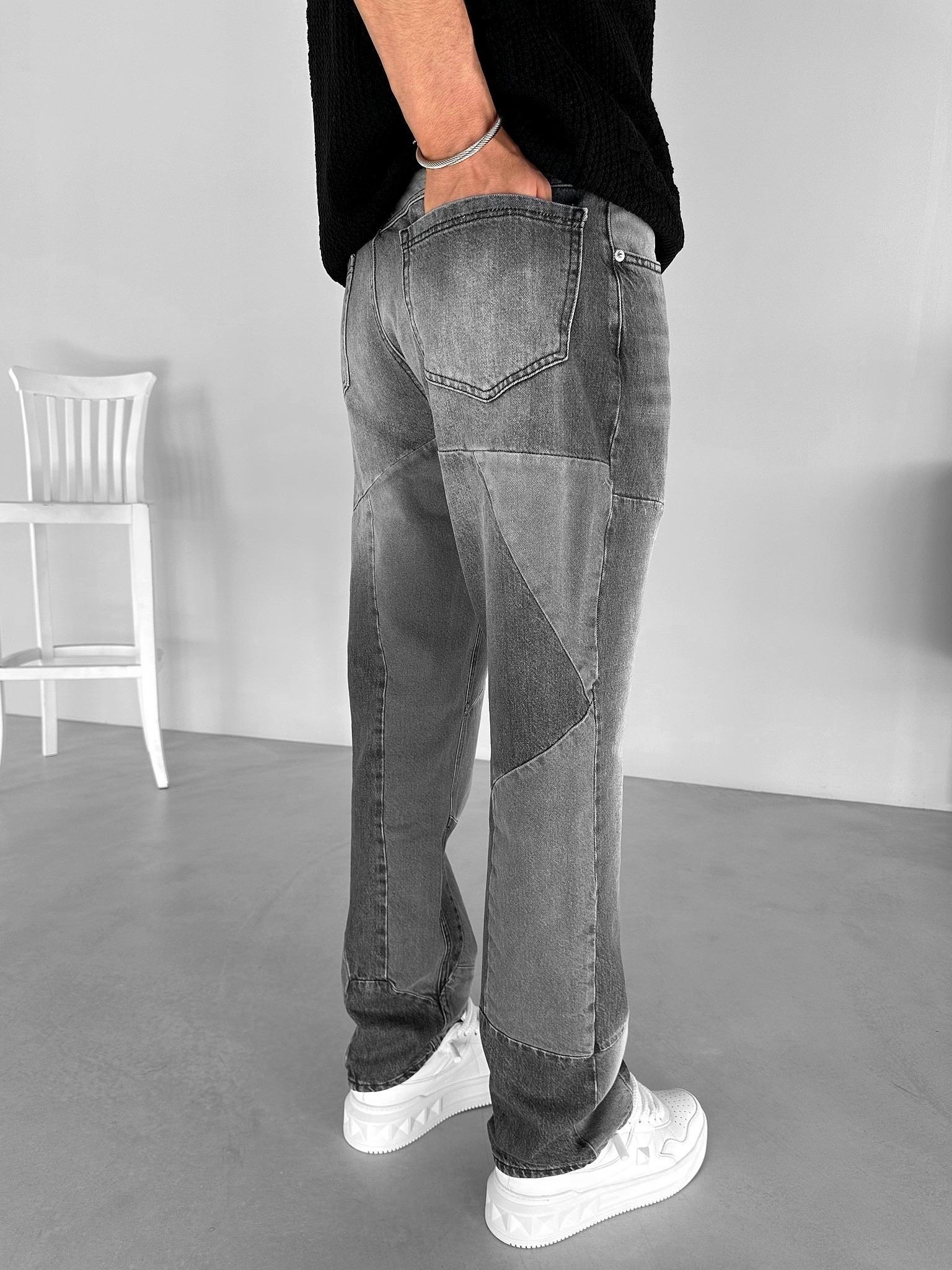 Baggy Fit Yamalı Jean Pantolon Gri