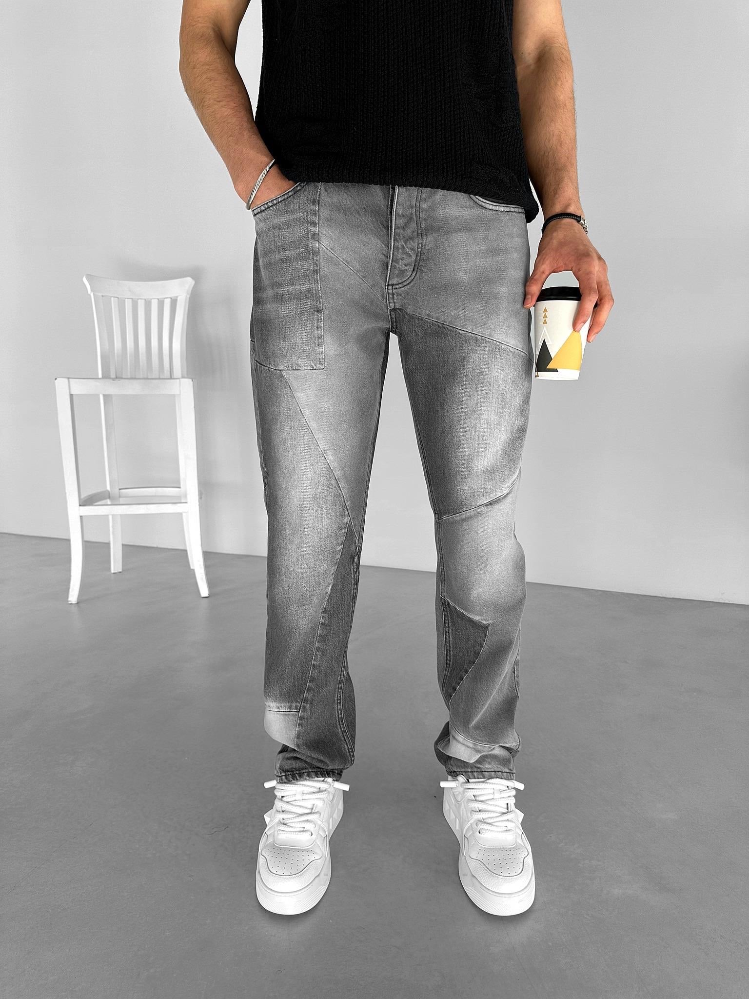 Baggy Fit Yamalı Jean Pantolon Gri