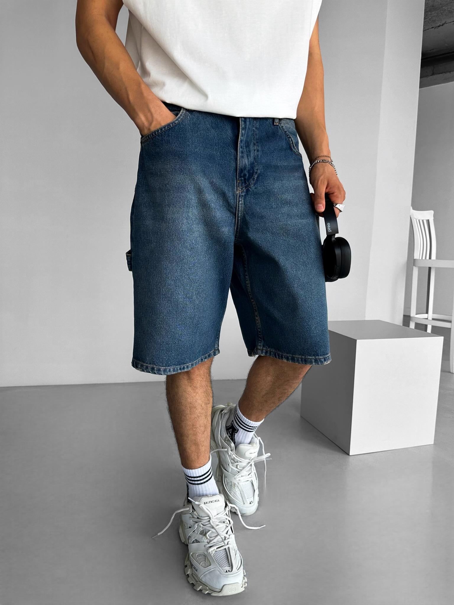 Baggy Fit Yıkamalı Jean Şort Lacivert