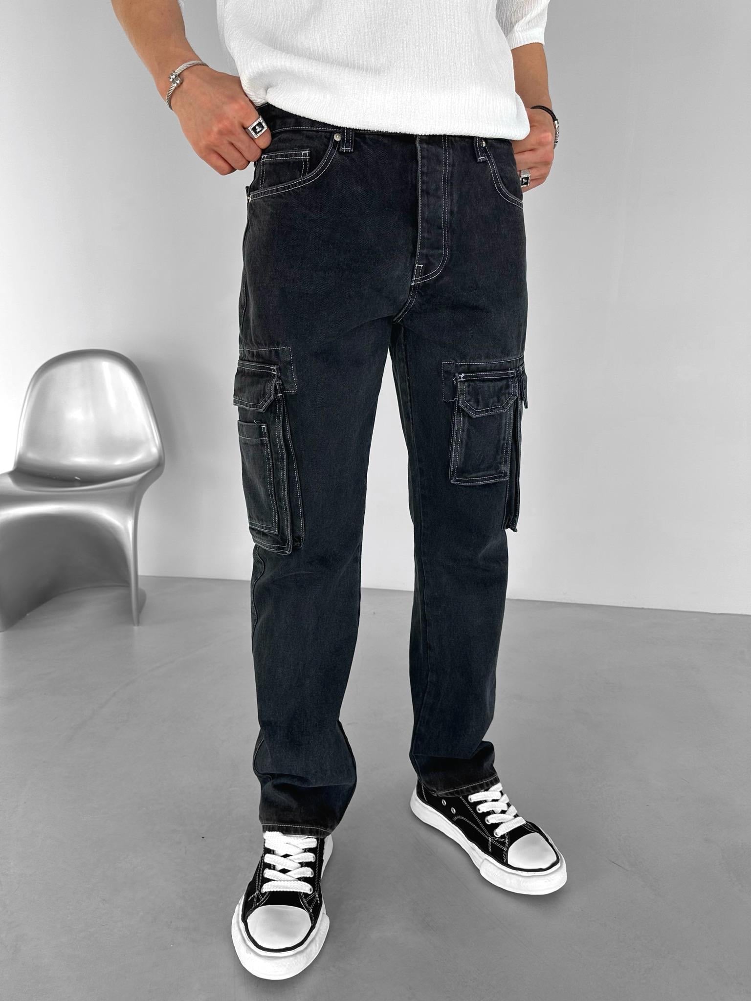 Baggy Fit Yıkamalı Ters Dikiş Detaylı Kapaklı Cepli %100 Pamuk Kargo Pantolonu Siyah